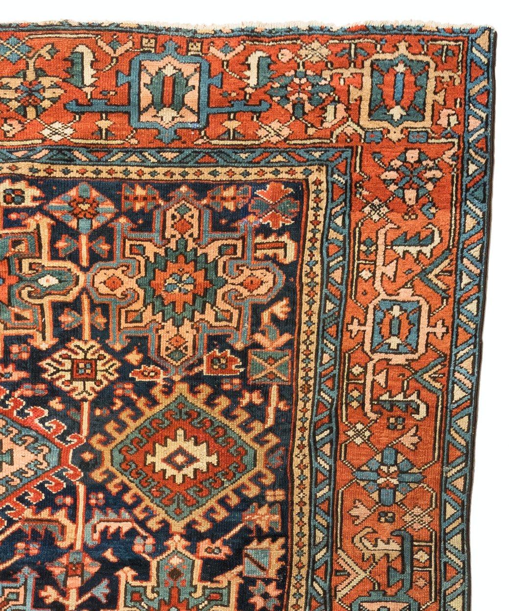 Heriz Serapi Antique Persian Red Green Navy Geometric Tribal Karaja Rug For Sale