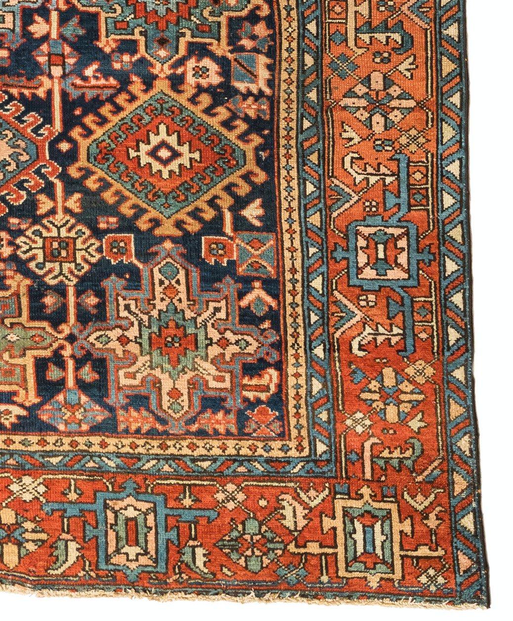 Hand-Knotted Antique Persian Red Green Navy Geometric Tribal Karaja Rug For Sale