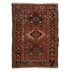 Antique Persian Red and Navy Blue Geometric Tribal Karaja Rug circa 1940s