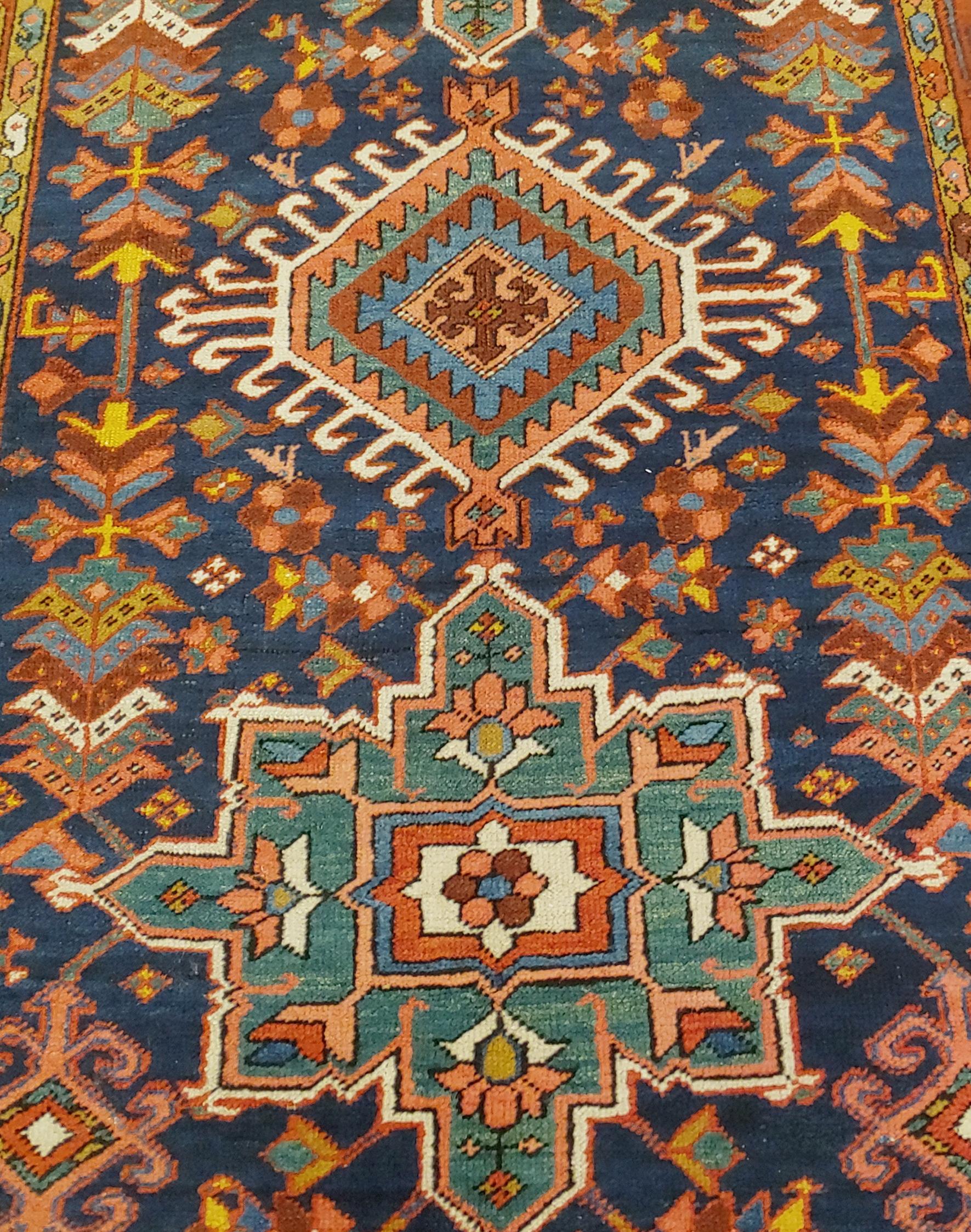 Woven Antique Persian Karaja, Geometric Design, Green on Navy, Wool, Scatter Size For Sale