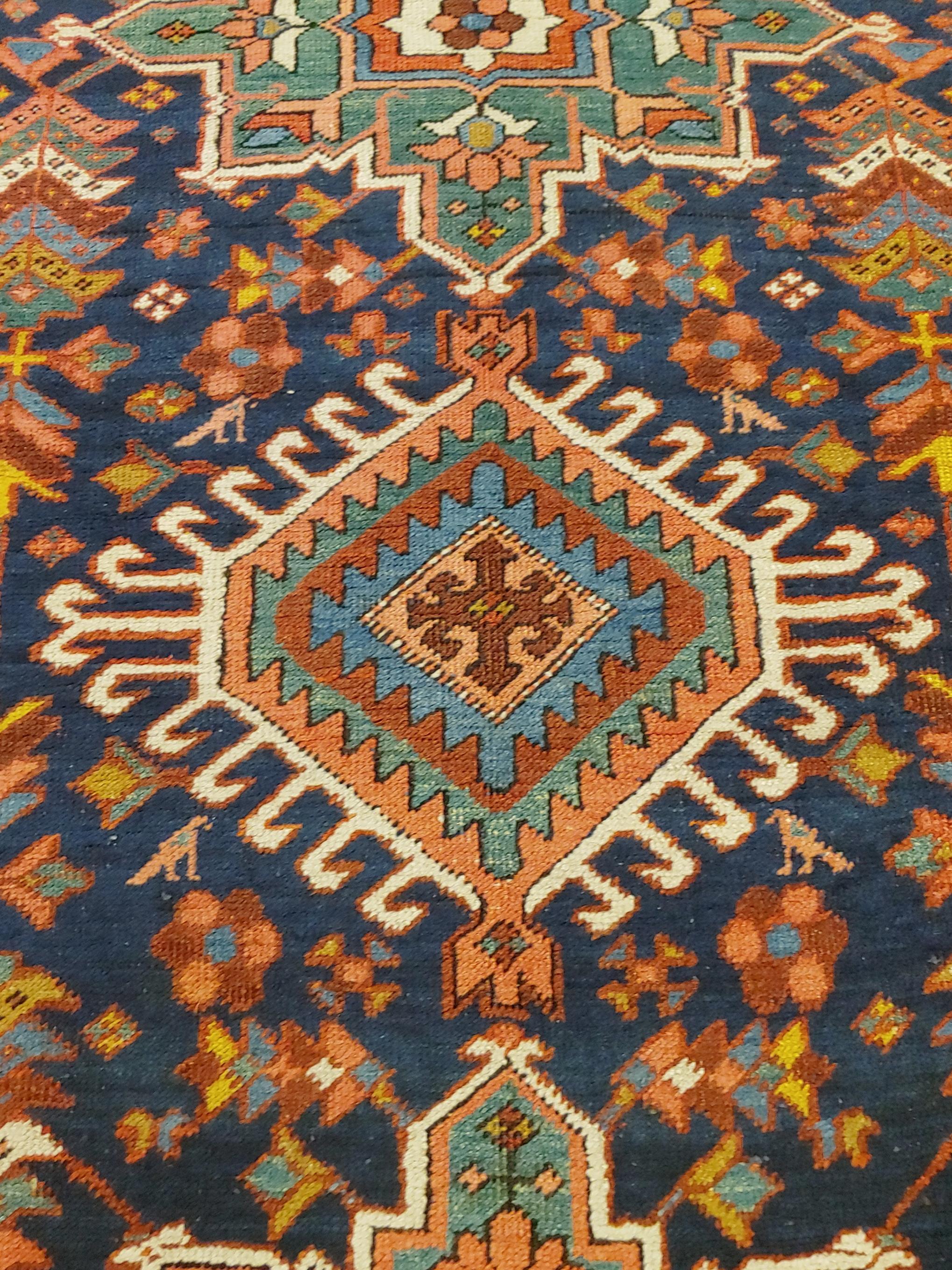 Antique Persian Karaja, Geometric Design, Green on Navy, Wool, Scatter Size In Good Condition For Sale In Williamsburg, VA