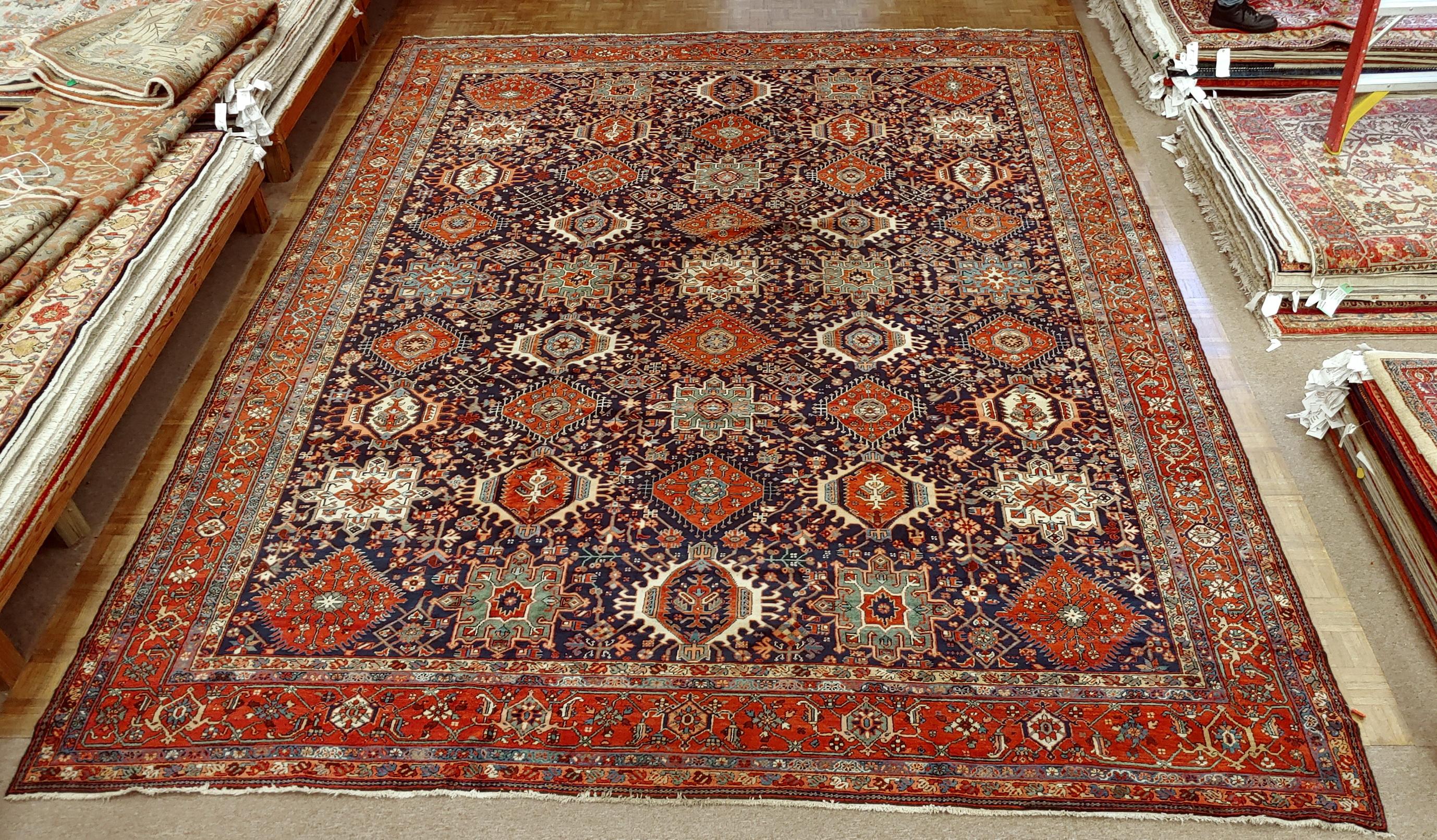 Heriz Serapi Antique Persian Karaja, Geometric Design, Navy Field, Wool, Oversize, 1915 For Sale