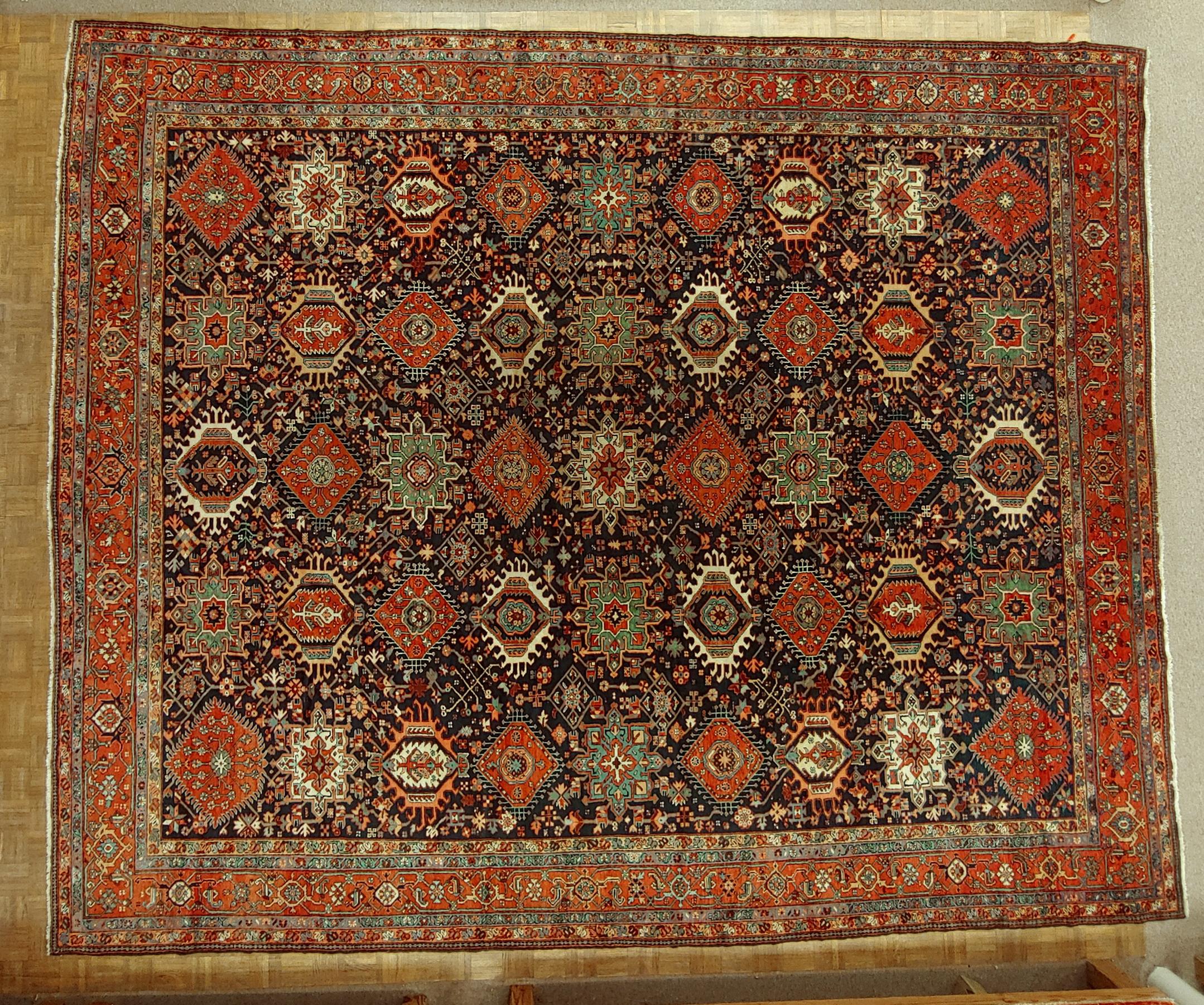 Woven Antique Persian Karaja, Geometric Design, Navy Field, Wool, Oversize, 1915 For Sale