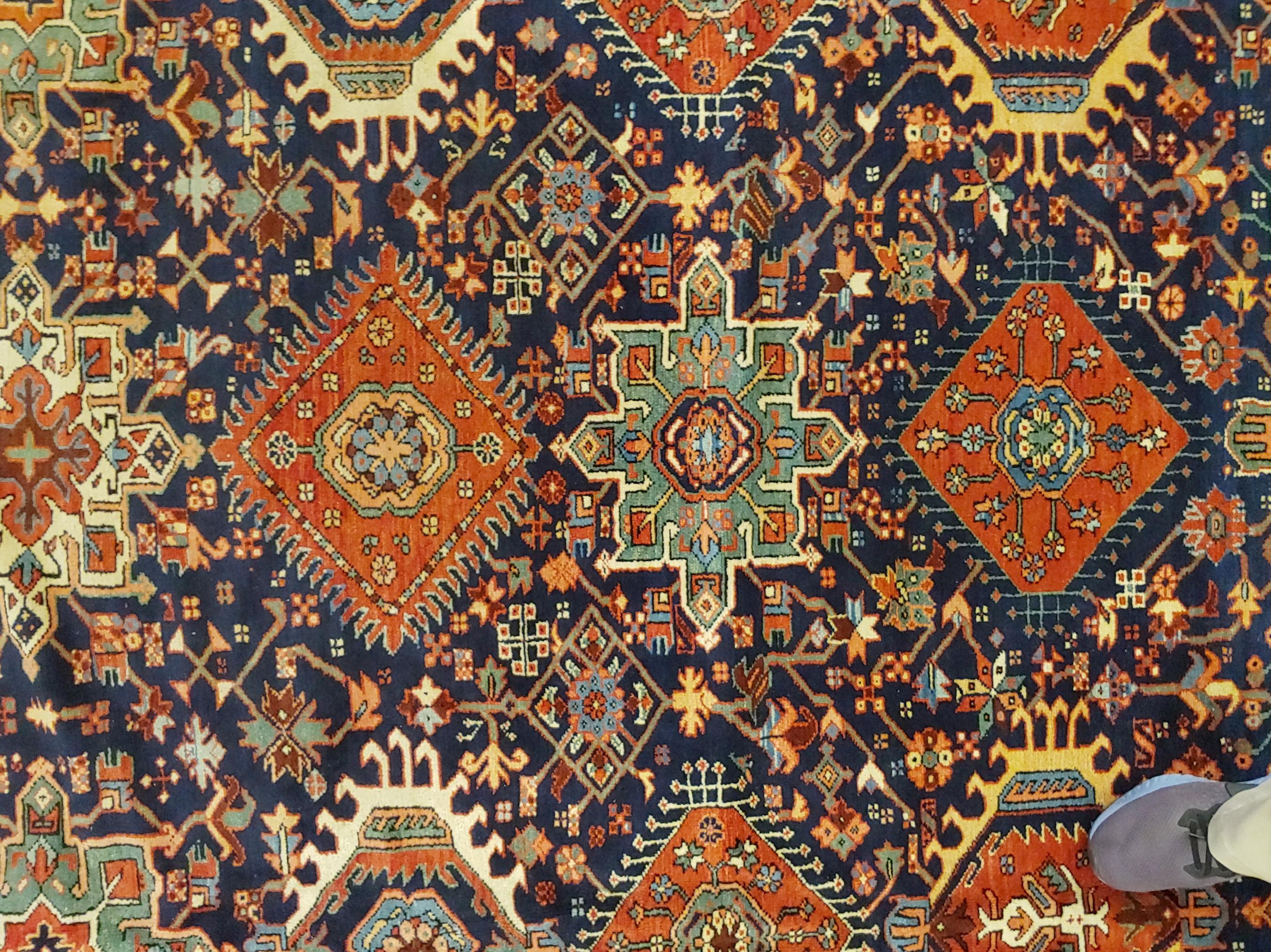 20th Century Antique Persian Karaja, Geometric Design, Navy Field, Wool, Oversize, 1915 For Sale