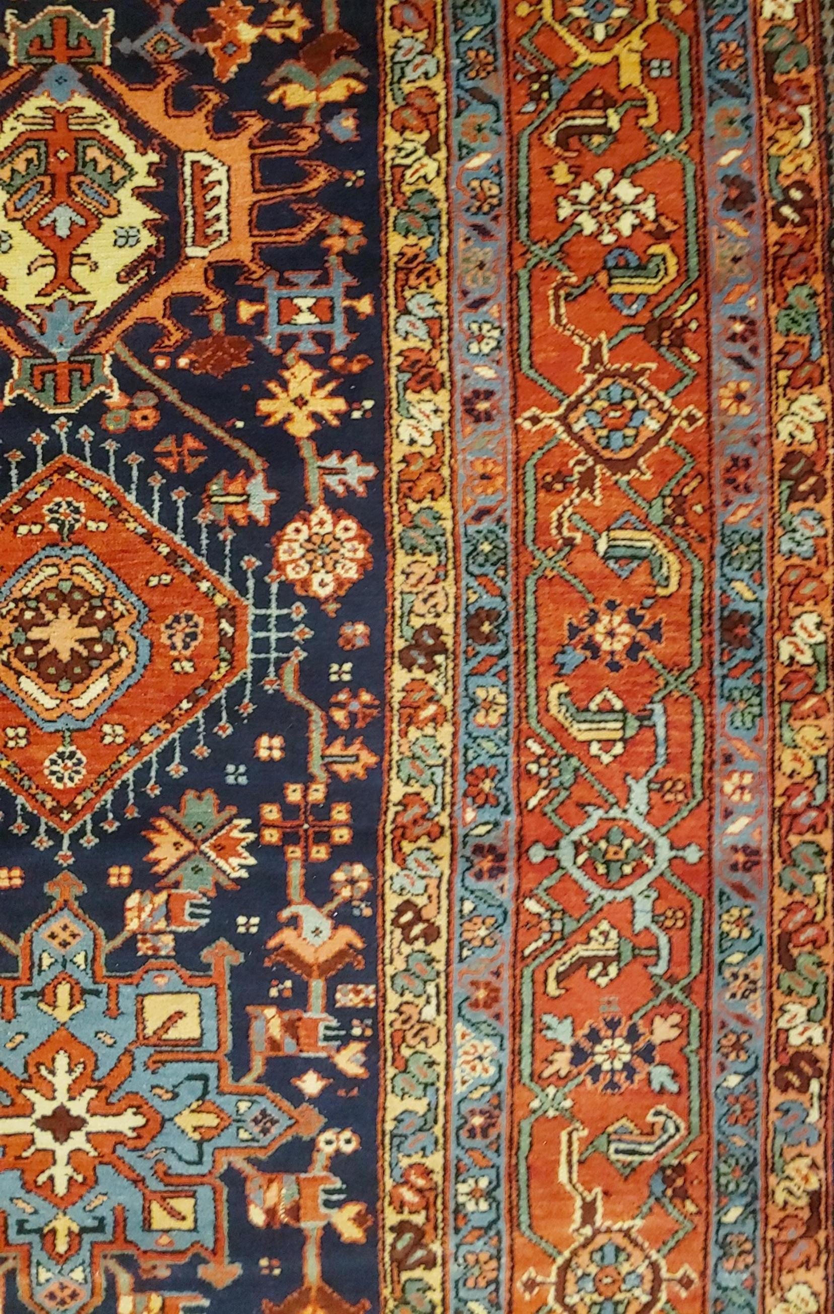 Antique Persian Karaja, Geometric Design, Navy Field, Wool, Oversize, 1915 For Sale 1