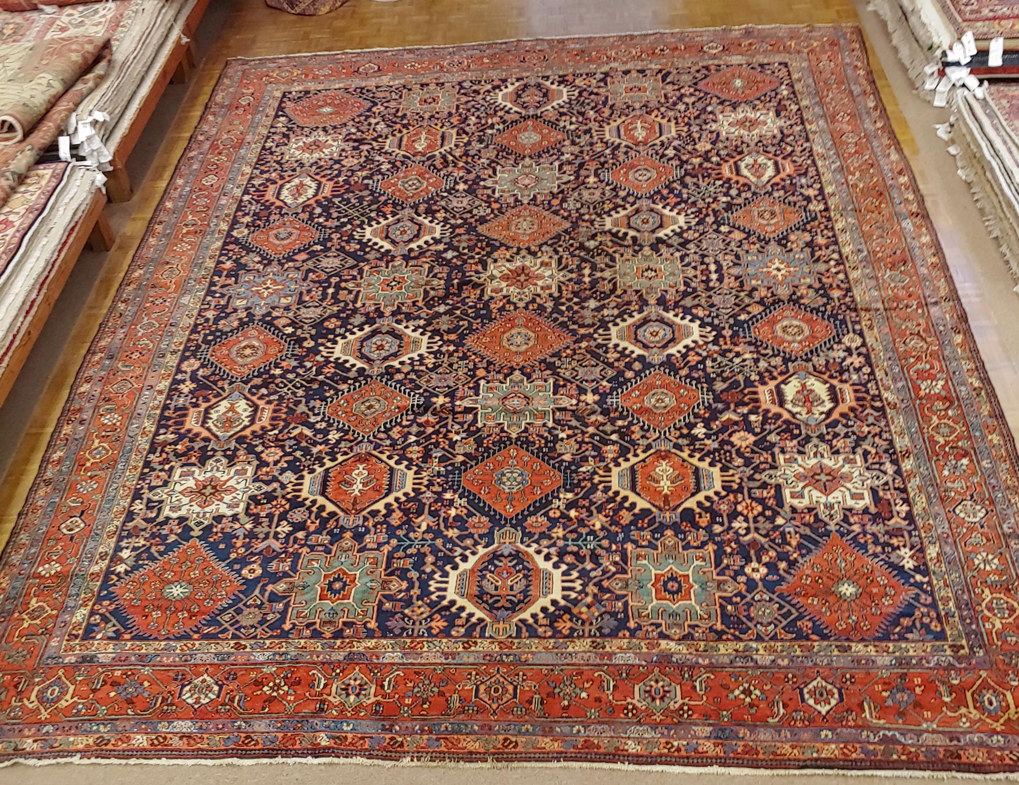 Antique Persian Karaja, Geometric Design, Navy Field, Wool, Oversize, 1915 For Sale 2