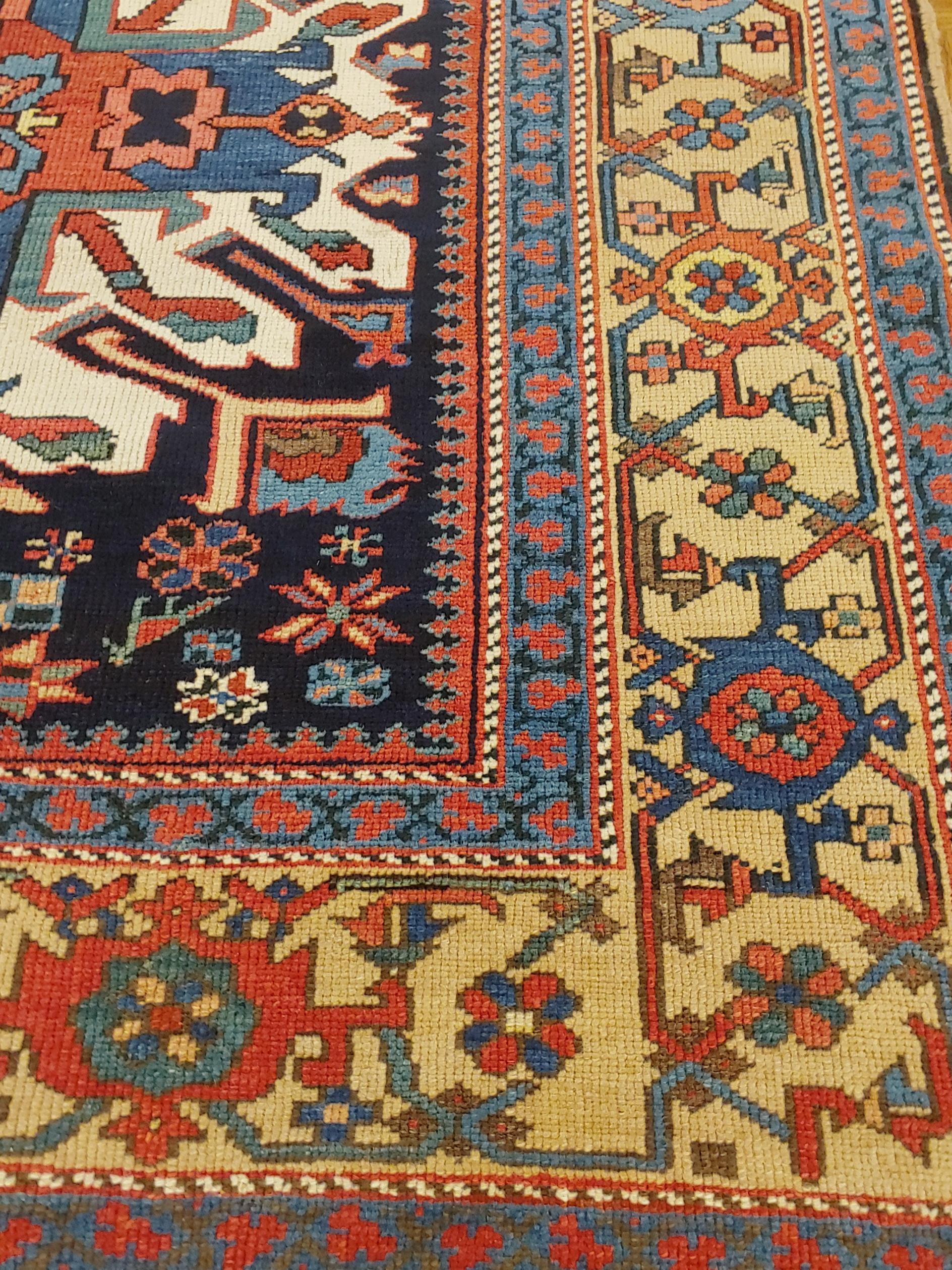 Woven Antique Persian Karaja, Geometric Eagle Kazak Design, Wool, Scatter Size, 1910 For Sale