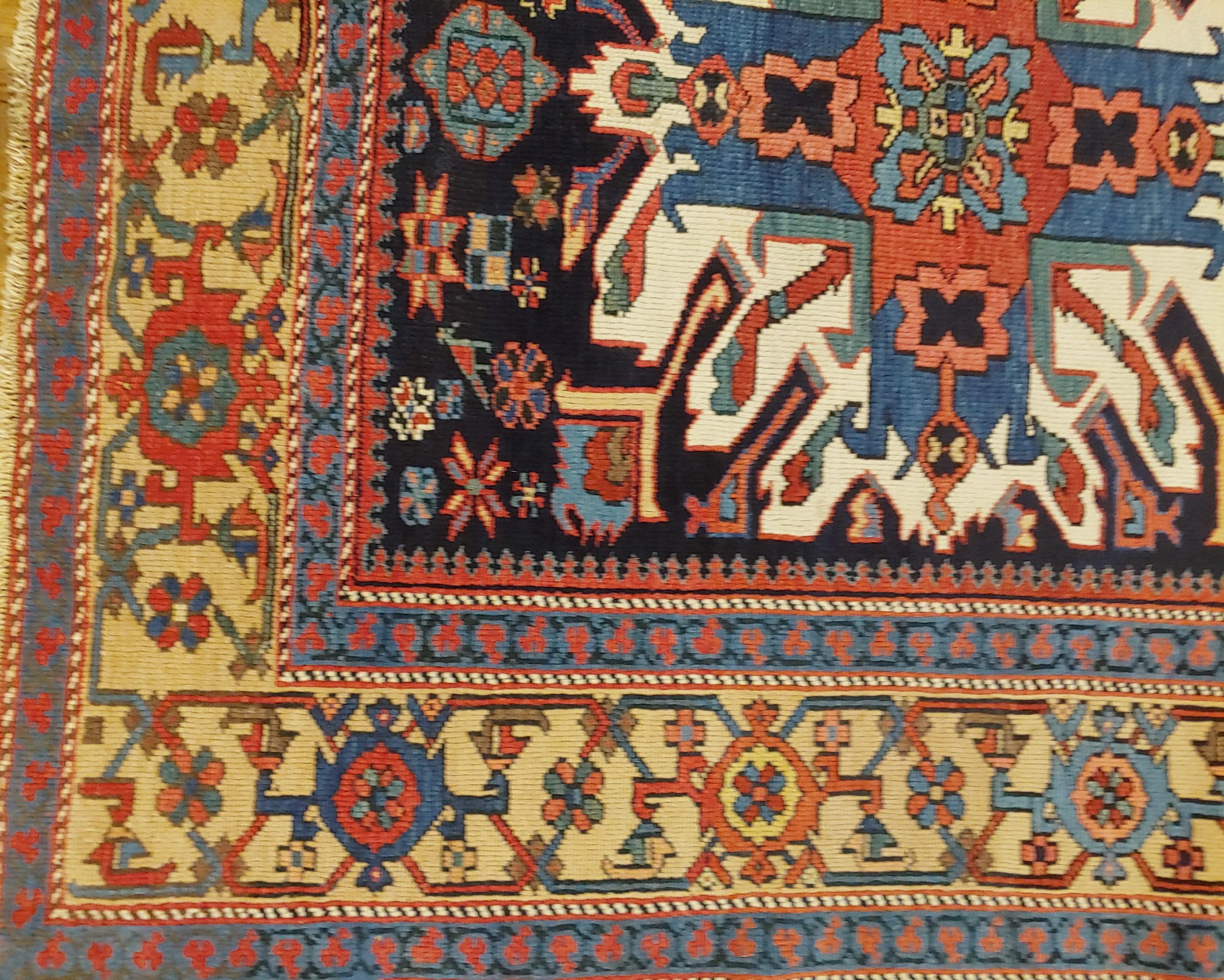 20th Century Antique Persian Karaja, Geometric Eagle Kazak Design, Wool, Scatter Size, 1910 For Sale