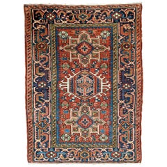 Antique Persian Karaja, Heriz, Geometric Design, Rust Field, Wool, 3x5,  1915