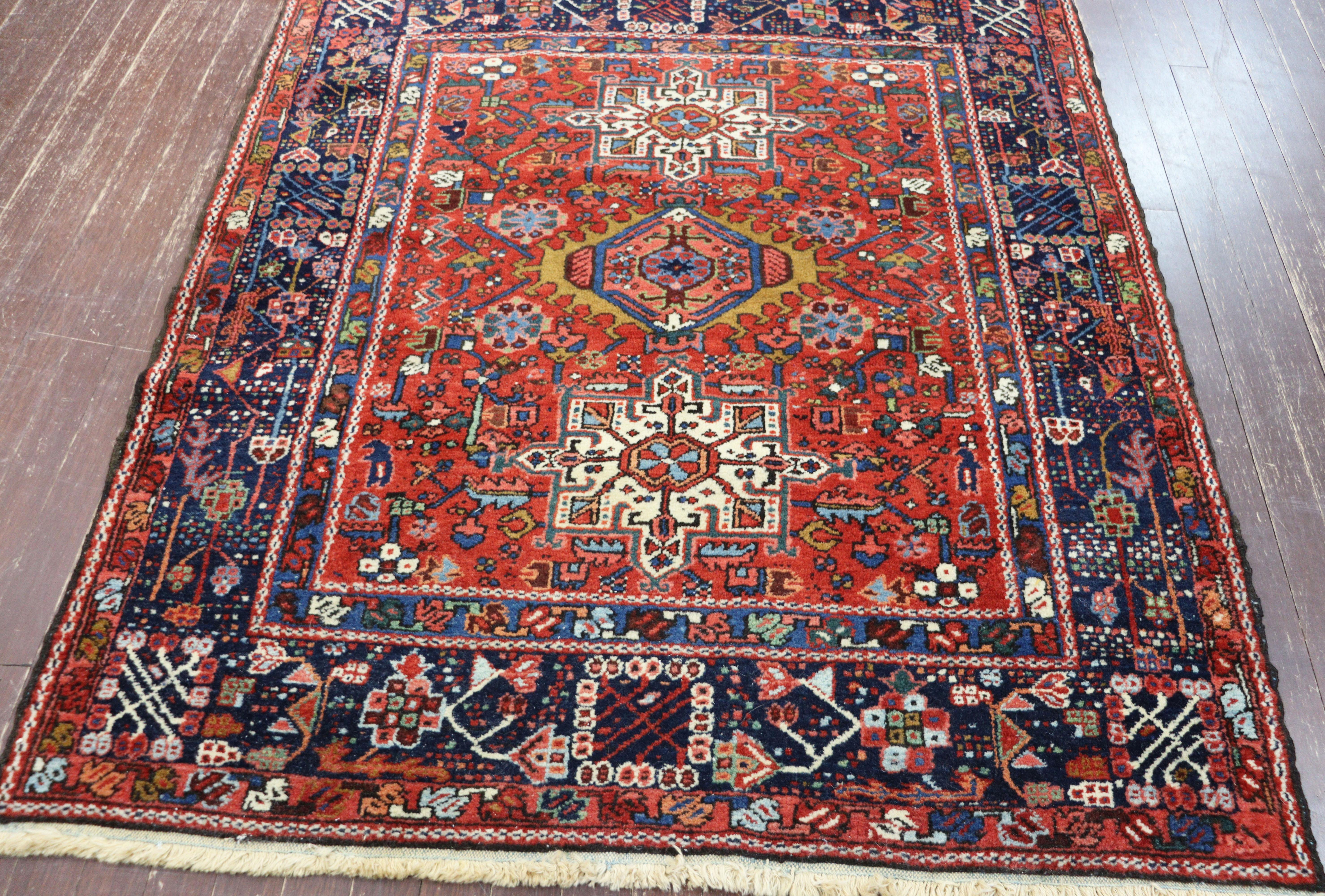 Hand-Knotted Antique Persian Karaja/ Heriz Rug, Amazing Color 4' x 4'6