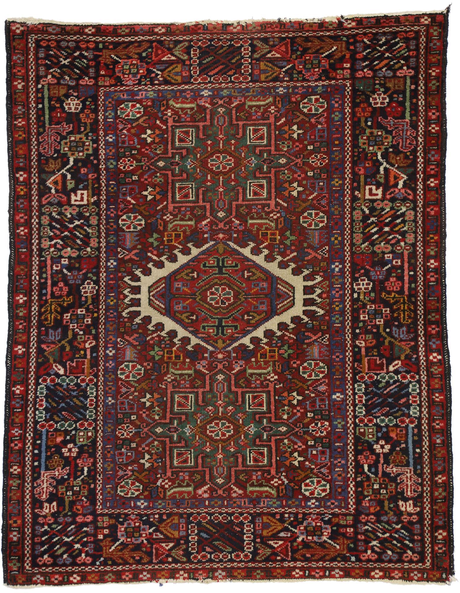 76895 Antique Persian Karaja Heriz Rug with Mid-Century Modern Style, Accent Rug 03'06 x 04'05. This hand knotted wool antique Persian Karaja Heriz rug with Mid-Century Modern style features a latch-hook octogram amulet flanked by two square