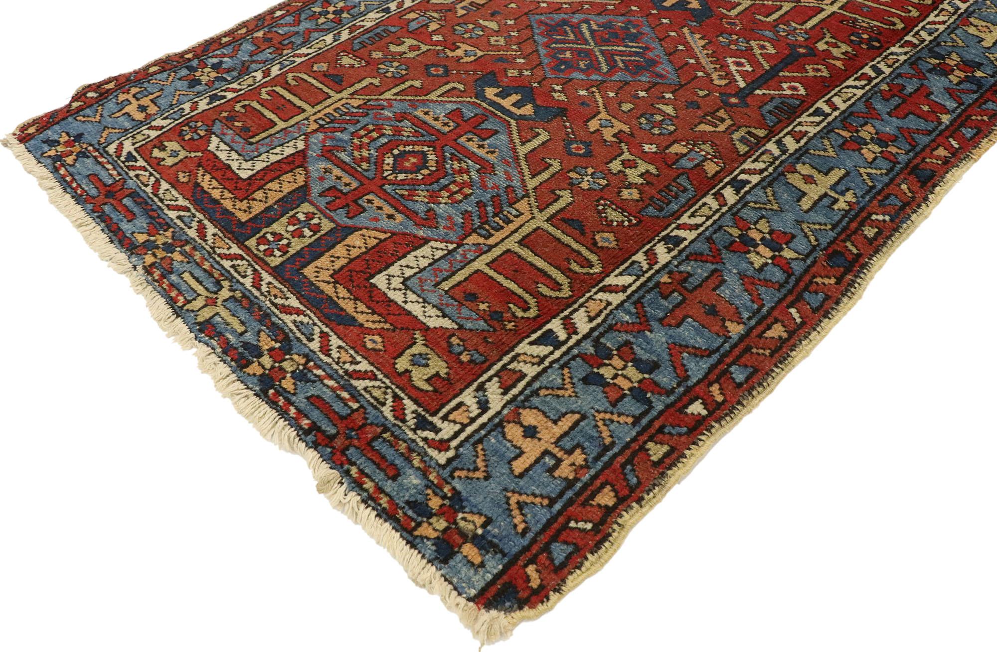 73317 Antique Persian Karaja Heriz rug with Modern Tribal style 02'10 x 03'10. This hand-knotted wool antique Persian Heriz rug features three medallions composed of a serrated central lozenge flanked by a scarab shaped medallion surrounded by an