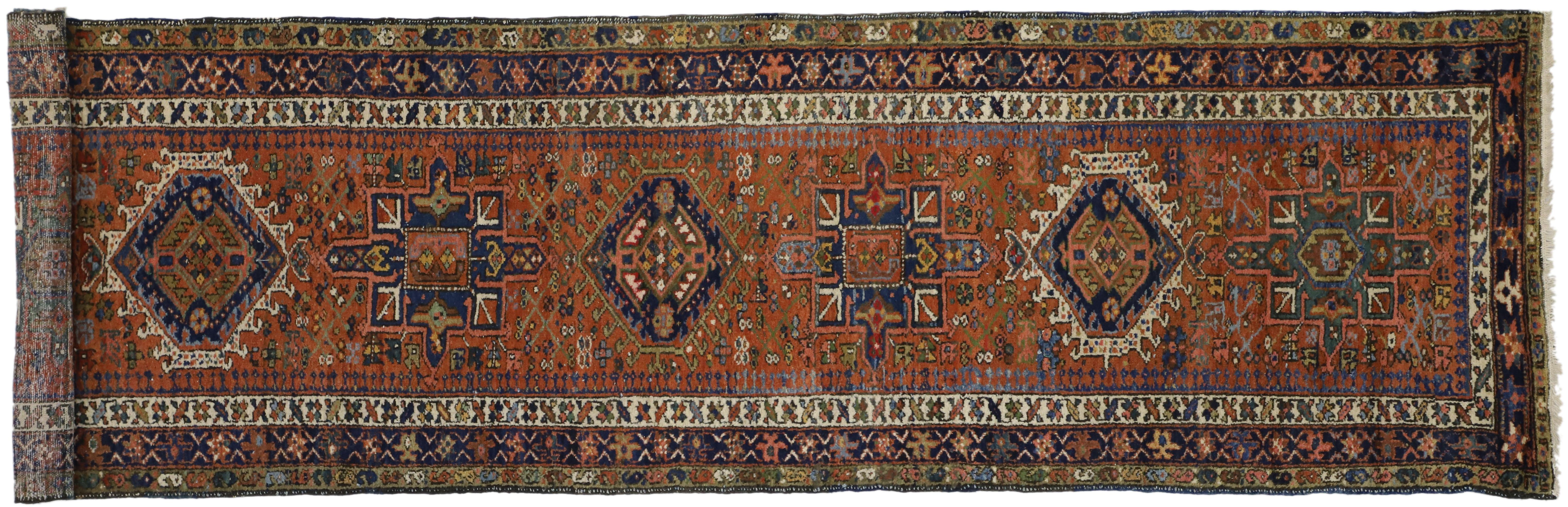 Antique Persian Karaja Heriz Runner, Tribal Style Hallway Runner 3