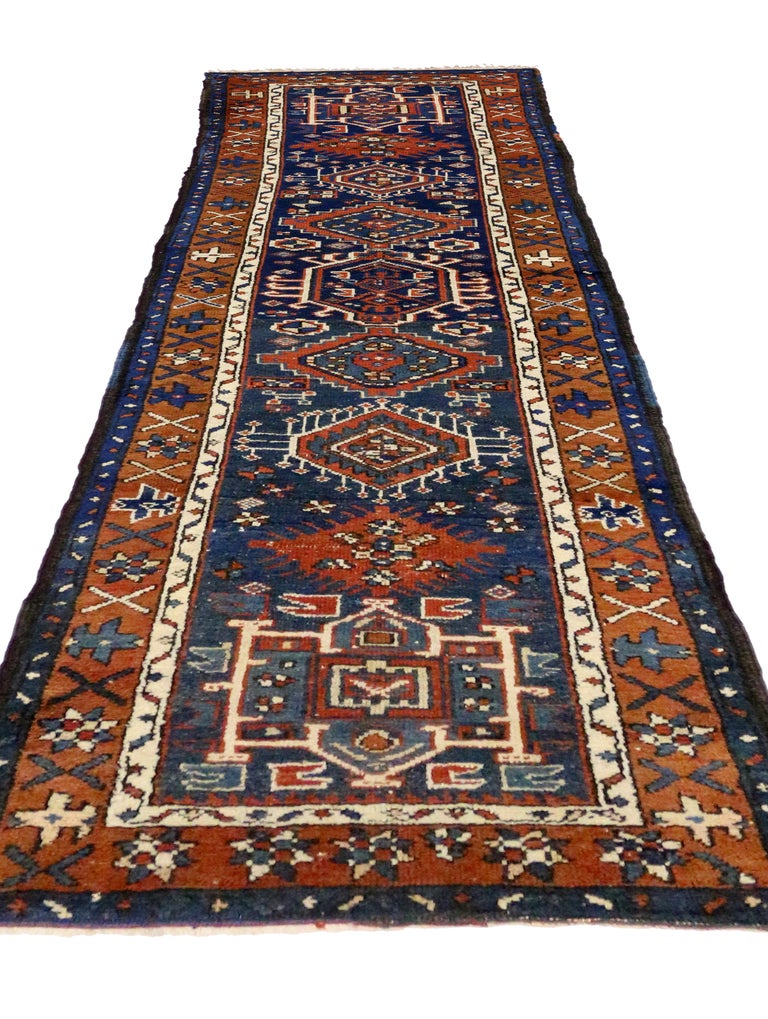 Heriz Serapi Antique Persian Karaja Heriz Runner, Tribal Style Hallway Runner For Sale