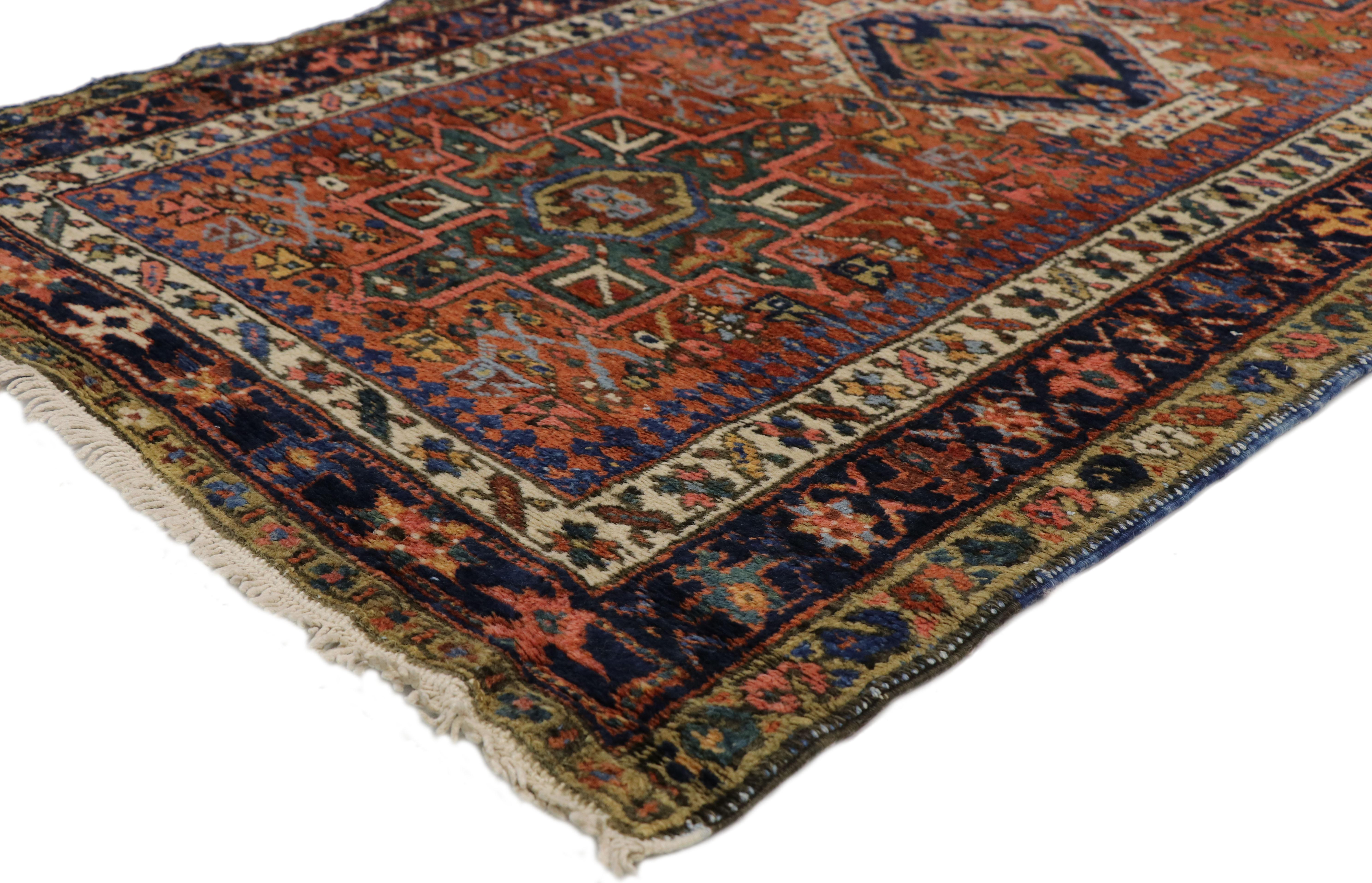 77062 Antique Persian Karaja Heriz Runner with Tribal Style, Hallway Runner 03'00 x 09'10. This hand-knotted wool antique Persian Karaja Heriz runner features medallions and amulet style motifs. The medallions and amulets are floating on a burnt