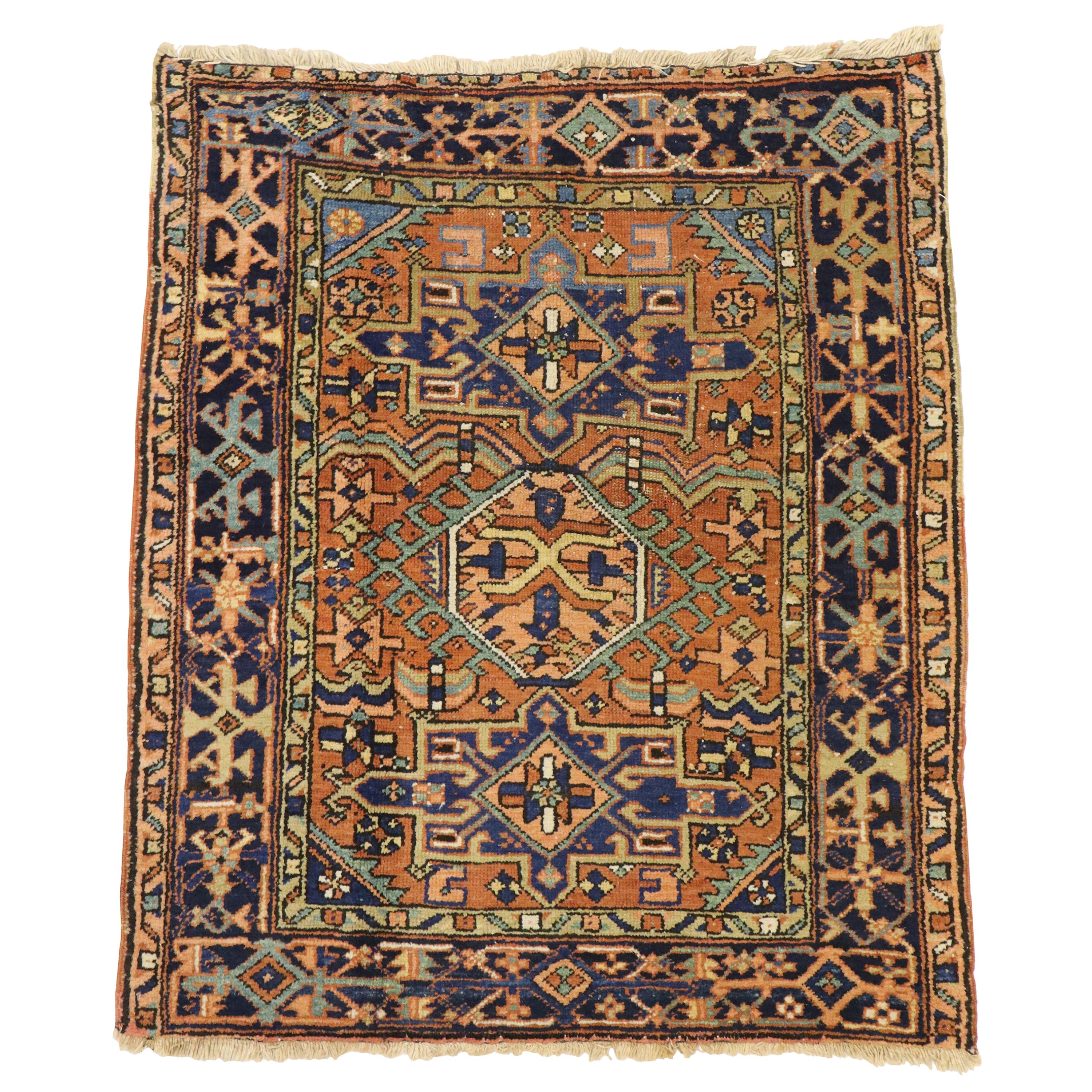 Antique Persian Karaja Heriz Scatter Rug, Tribal Style Persian Rug