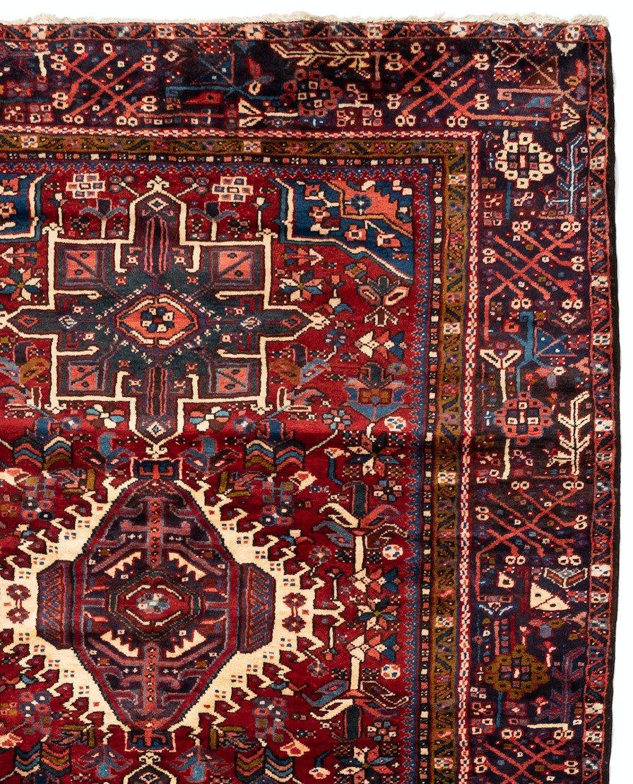 Hand-Knotted Antique Persian Tribal Geometric Burgundy Karaja Runner Rug, circa 1960s For Sale