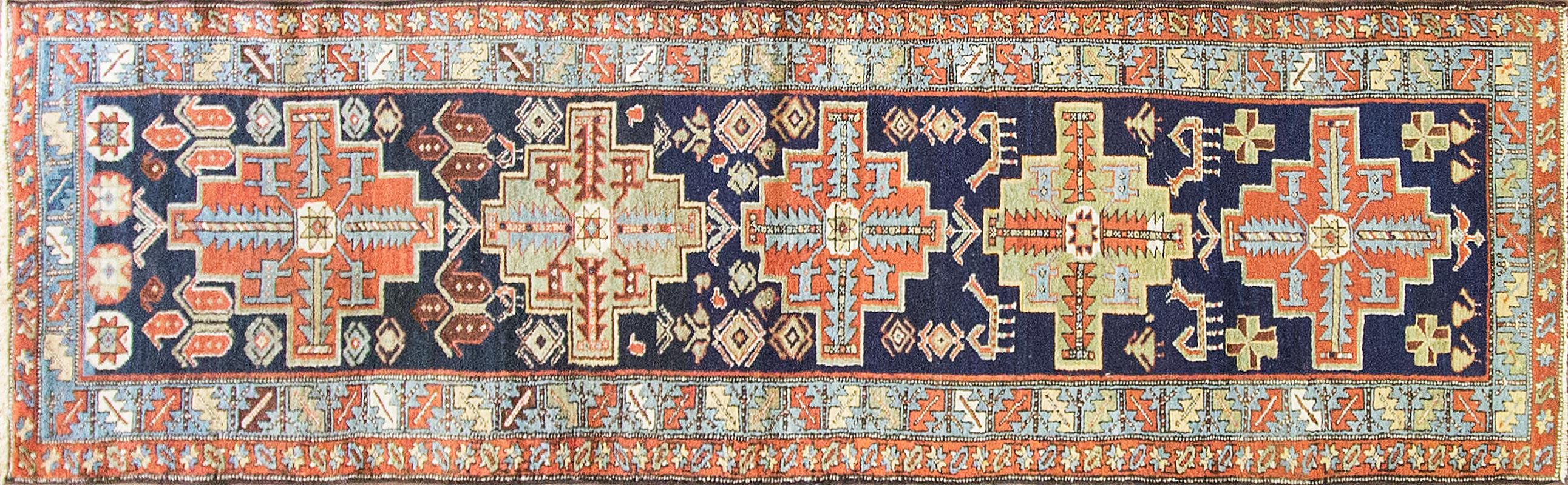 Natural-dyed wool Persian Karaja rug handmade in or near the village of Qaraajeh (Karaja), in the Qareh Daagh (Karadagh) region of Iran just south of the Azerbaijan border, northeast of Tabriz. Measures: 2'10