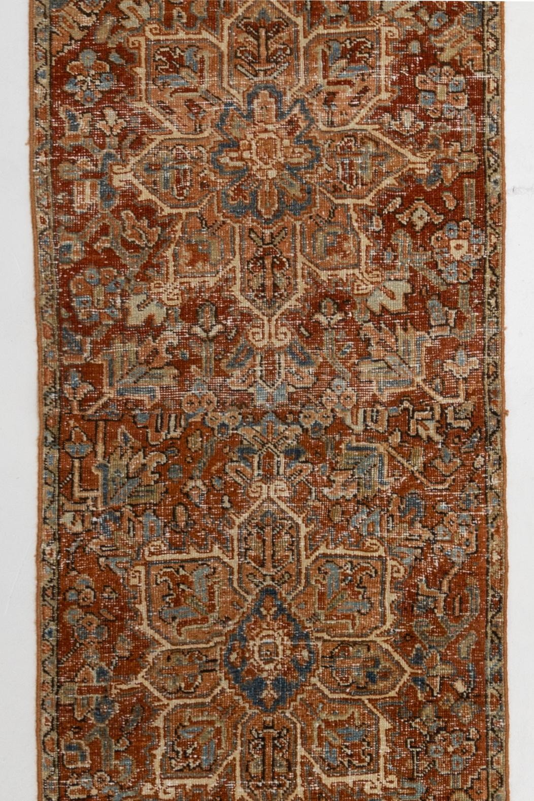 Age: Circa 1910

Colors: tan, blue, brown

Pile: low

Wear Notes: 2

Material: Wool on cotton. 

Wear Guide:
Vintage and antique rugs are by nature, pre-loved and may show evidence of their past. There are varying degrees of wear to vintage rugs;