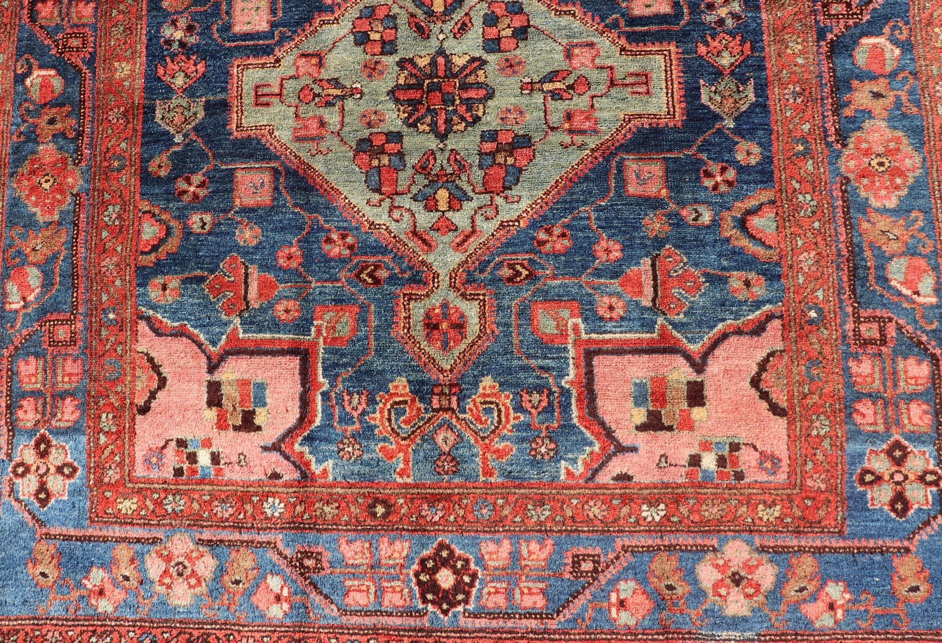 Antique Persian Karajeh Rug with Geometric Medallions in Green, Blue, and Red 3