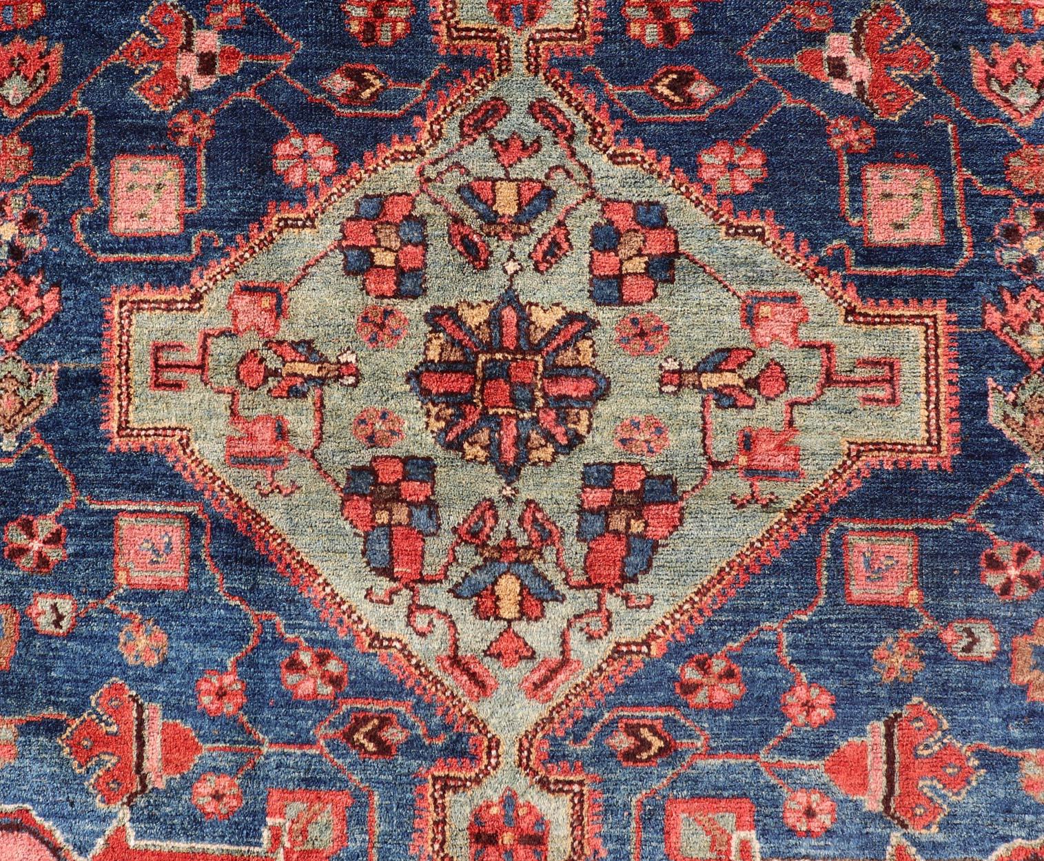Antique Persian Karajeh Rug with Geometric Medallions in Green, Blue, and Red 4