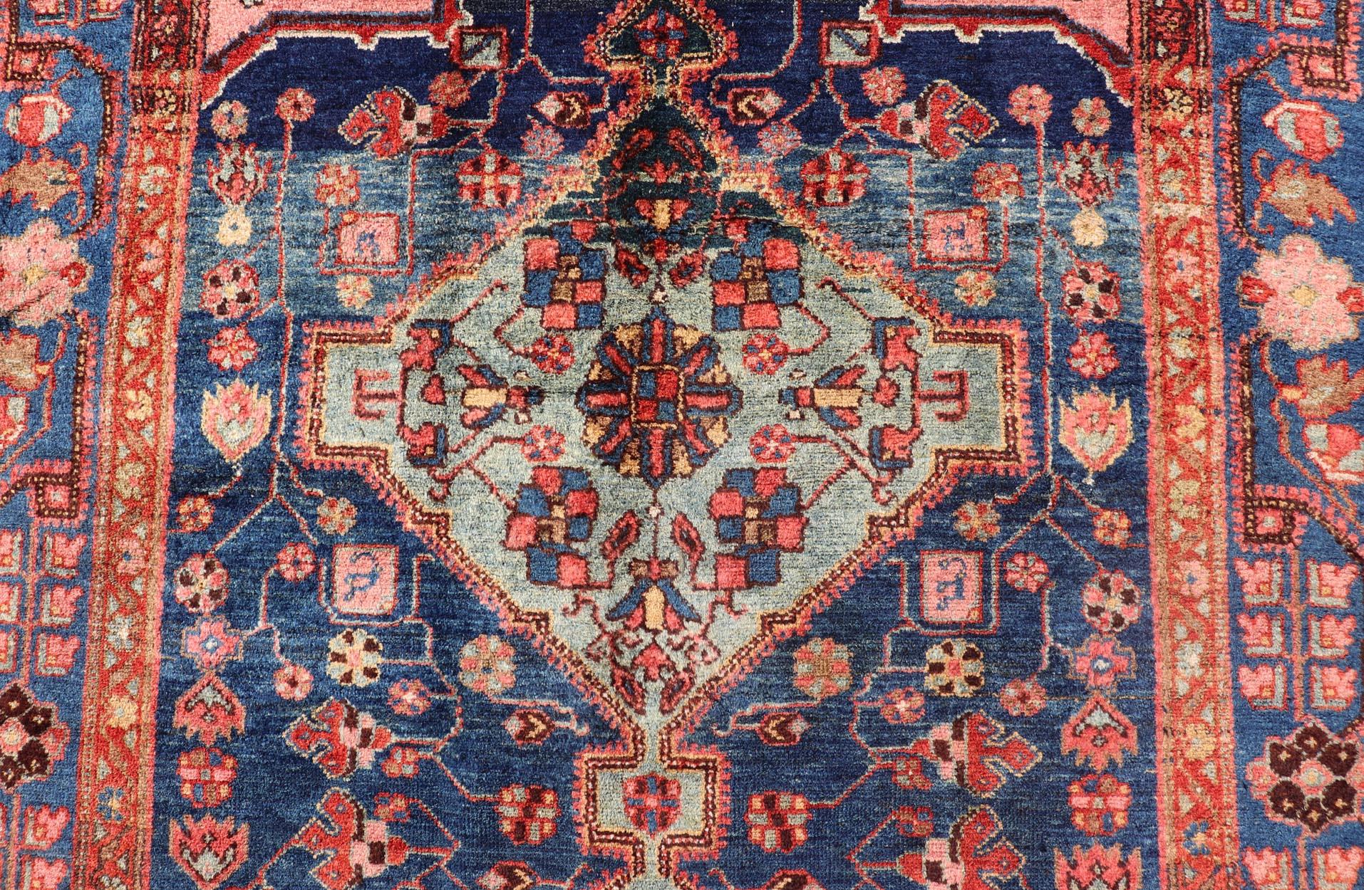 Antique Persian Karajeh Rug with Geometric Medallions in Green, Blue, and Red 5