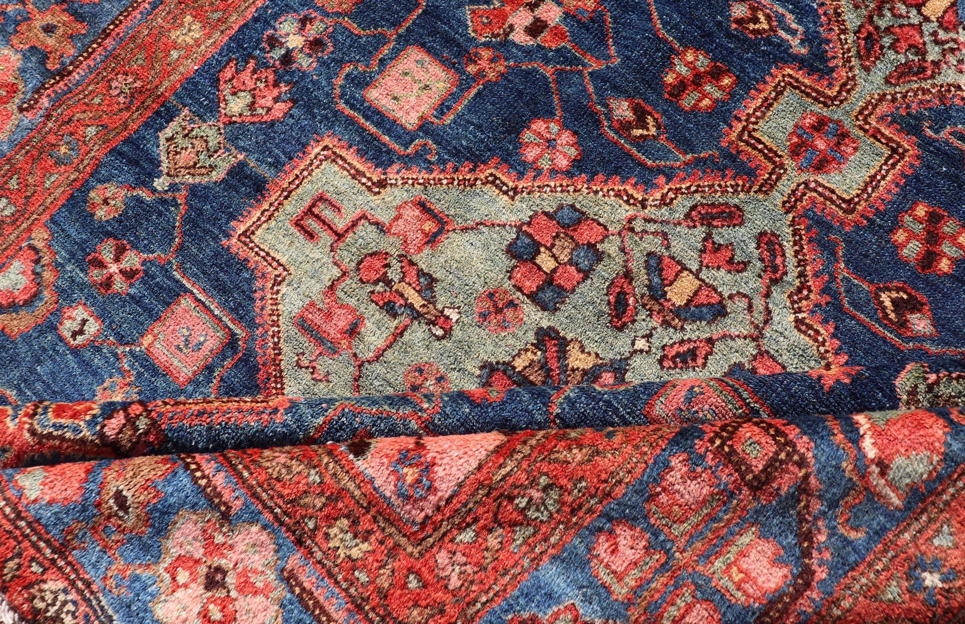 Antique Persian Karajeh Rug with Geometric Medallions in Green, Blue, and Red 6