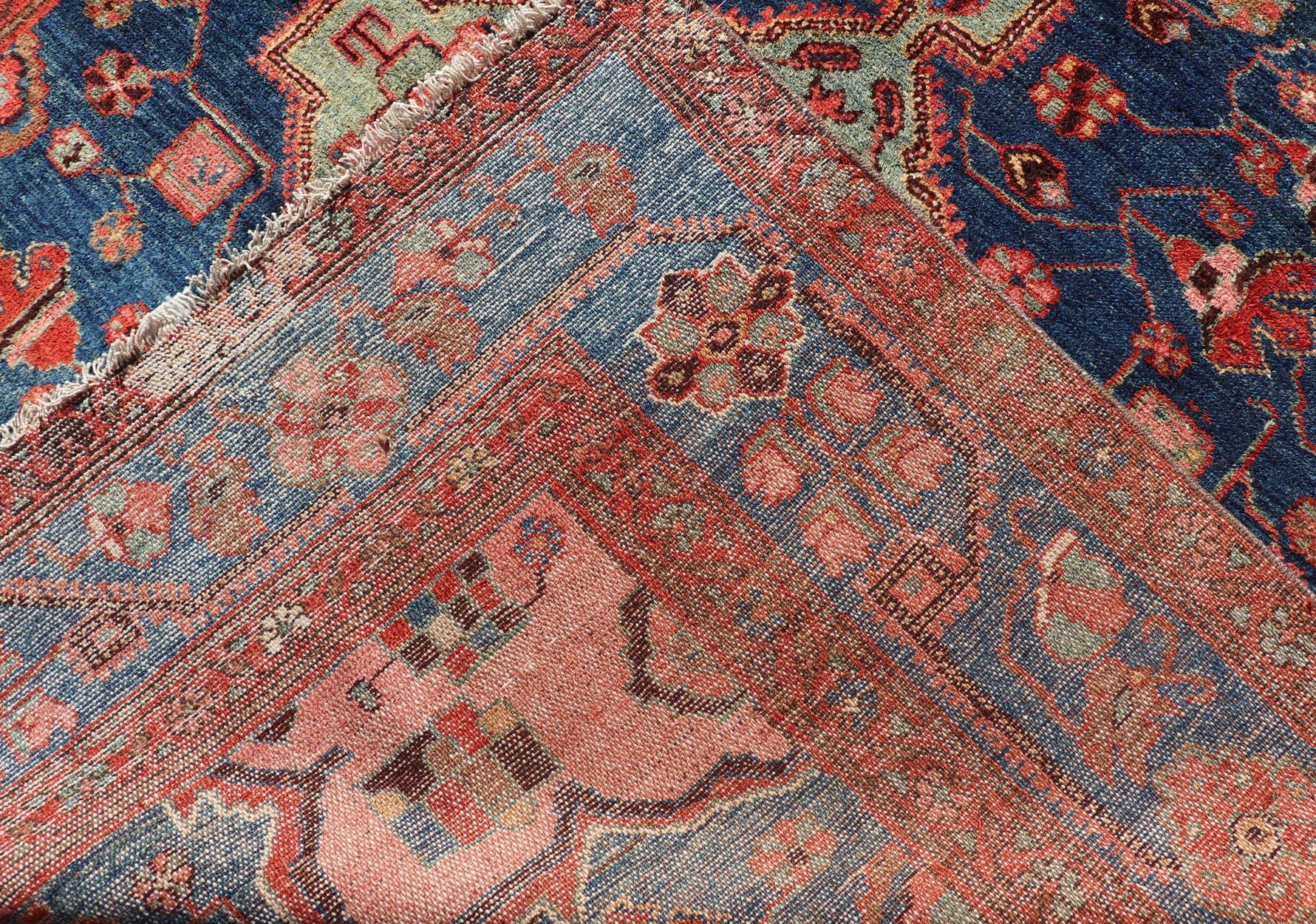 Antique Persian Karajeh Rug with Geometric Medallions in Green, Blue, and Red 7