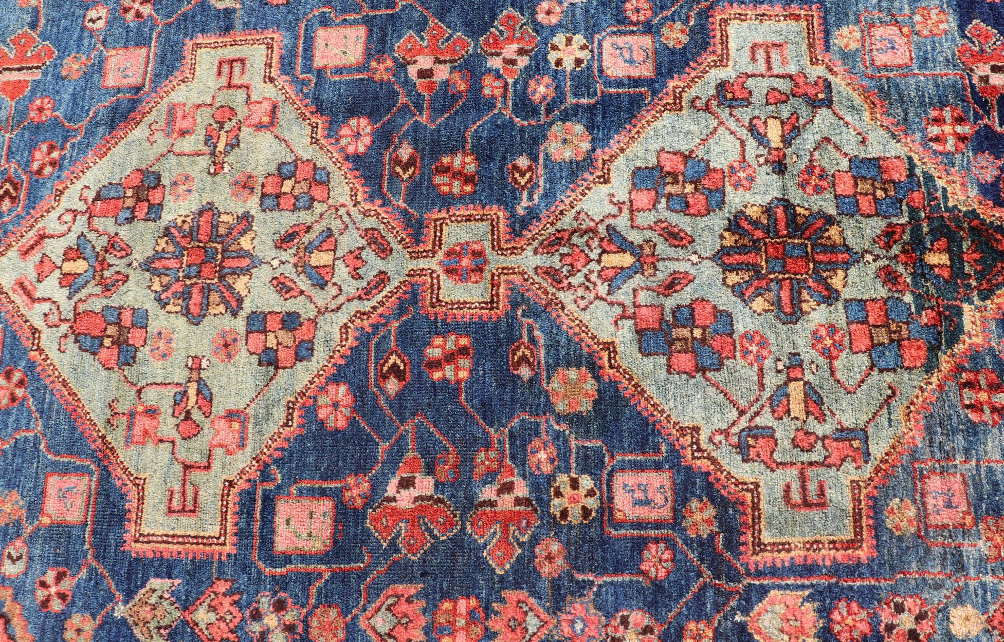 Serapi Antique Persian Karajeh Rug with Geometric Medallions in Green, Blue, and Red