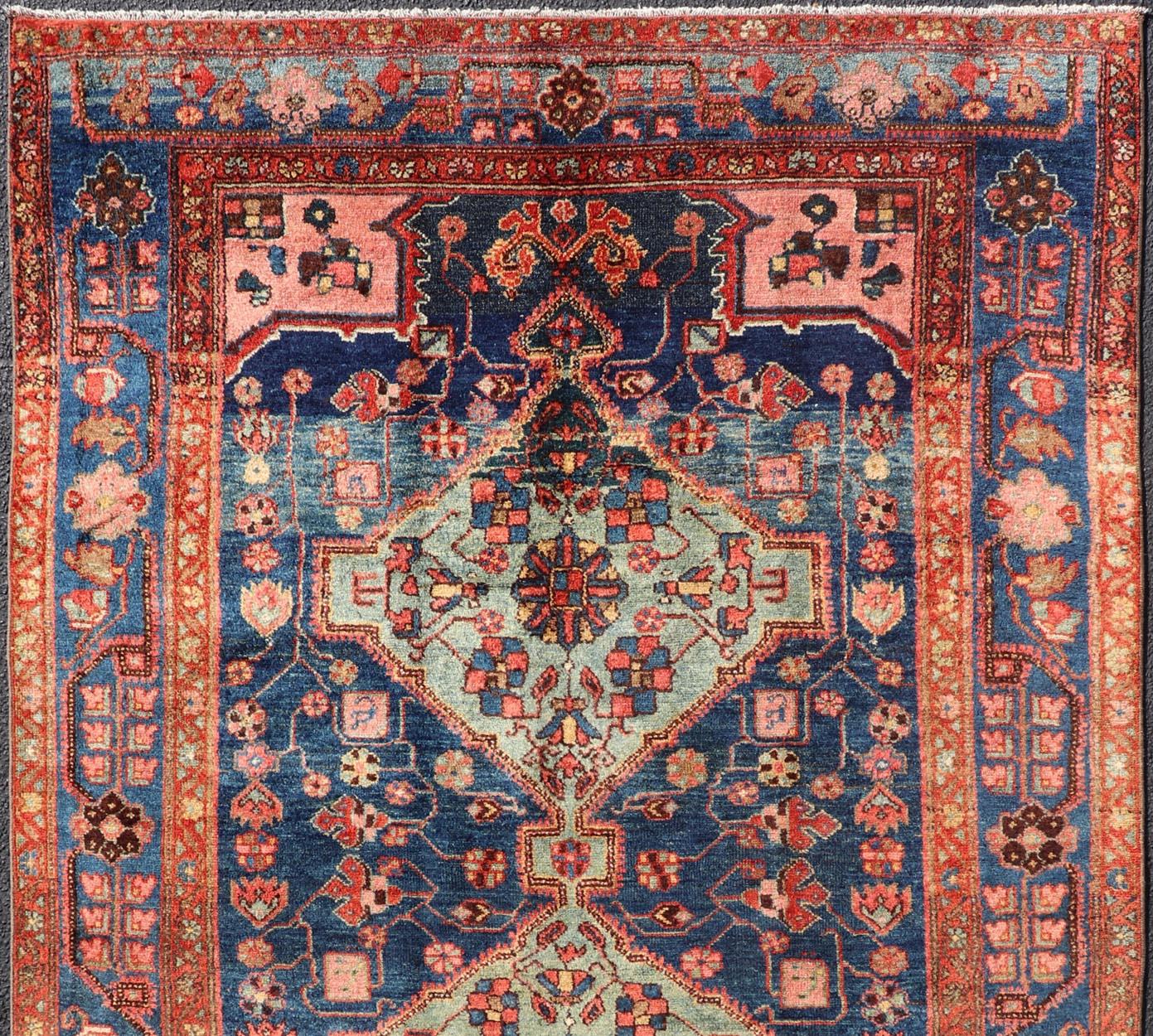 Hand-Knotted Antique Persian Karajeh Rug with Geometric Medallions in Green, Blue, and Red