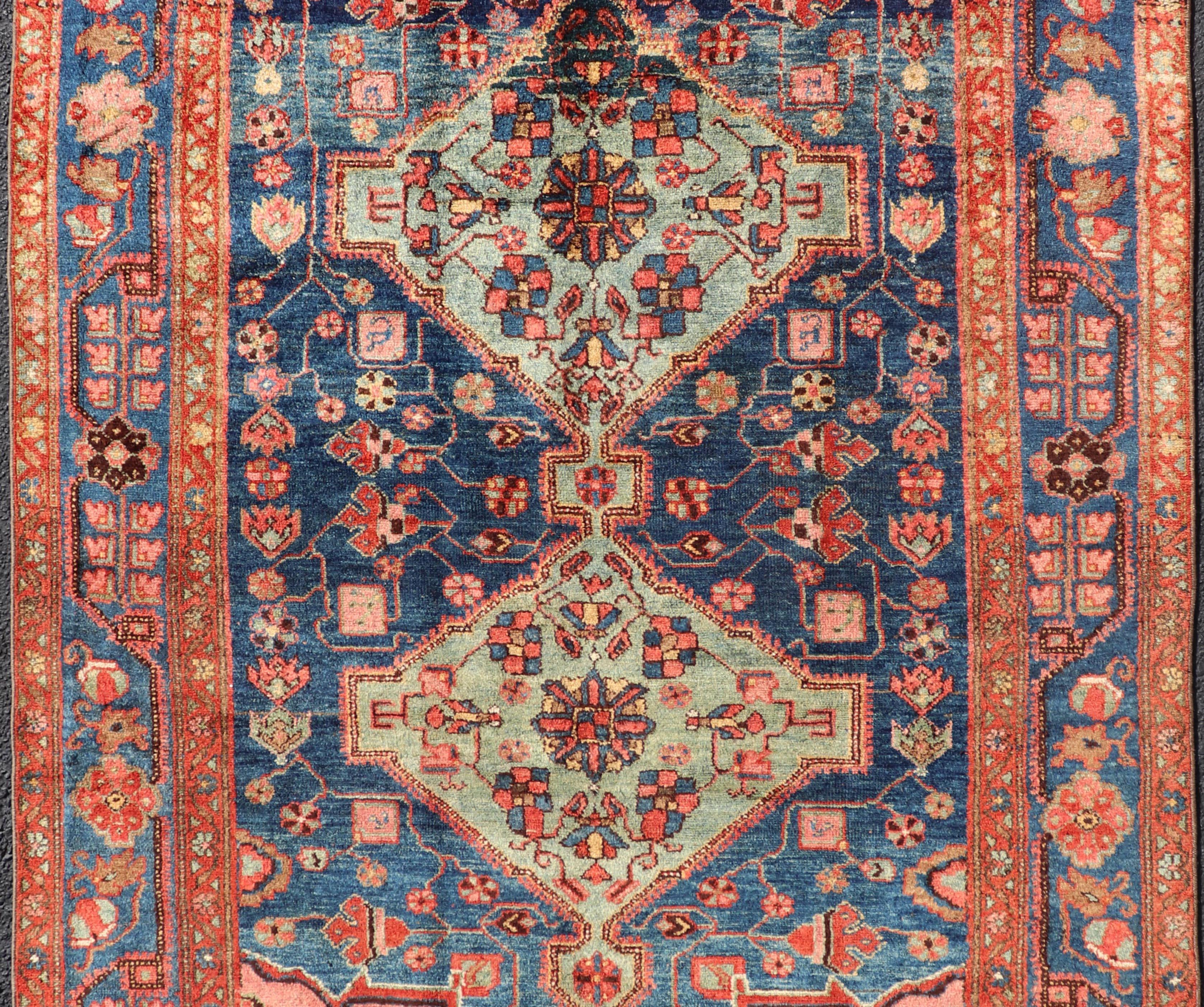 Antique Persian Karajeh Rug with Geometric Medallions in Green, Blue, and Red In Excellent Condition In Atlanta, GA