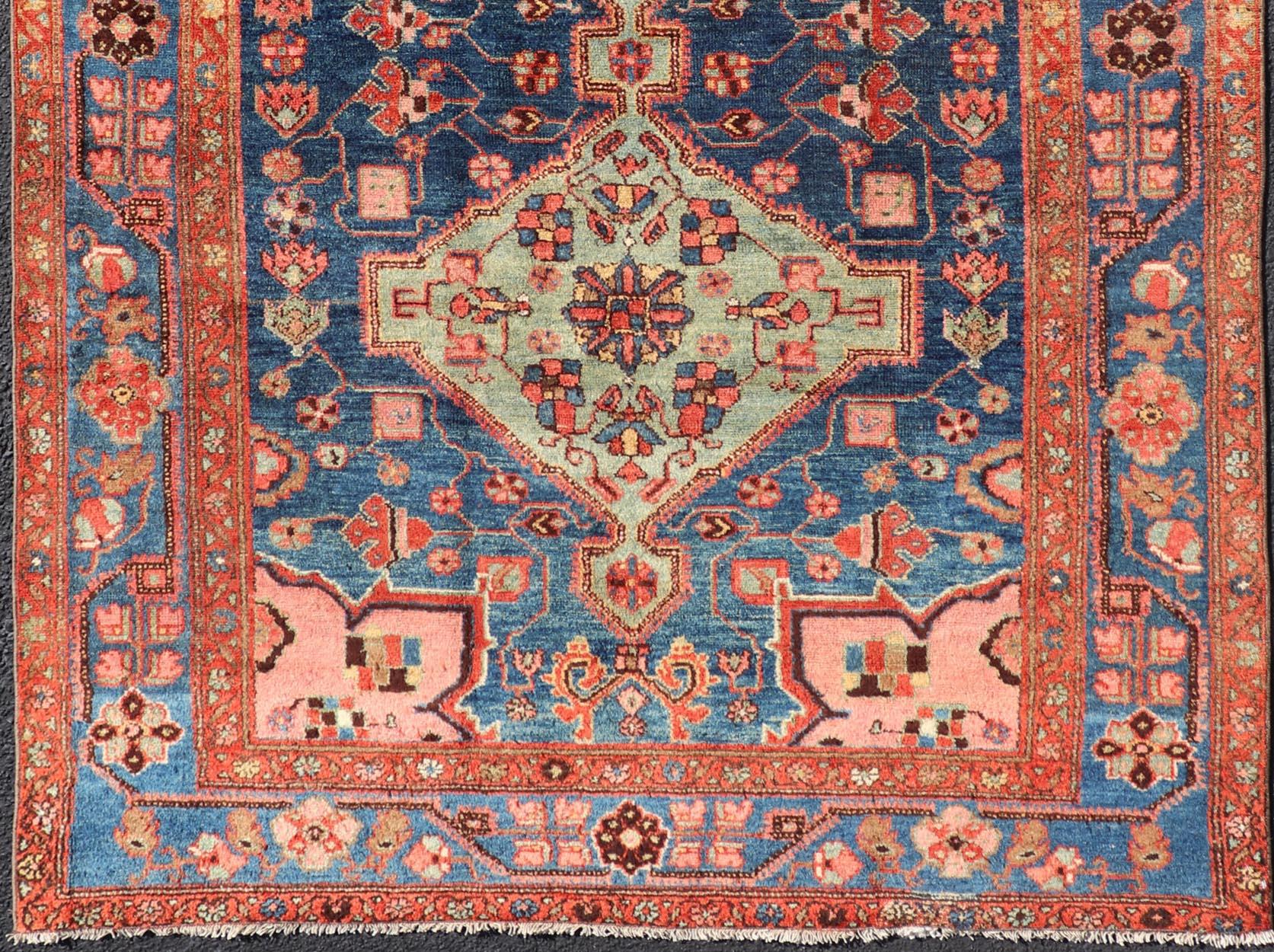 20th Century Antique Persian Karajeh Rug with Geometric Medallions in Green, Blue, and Red