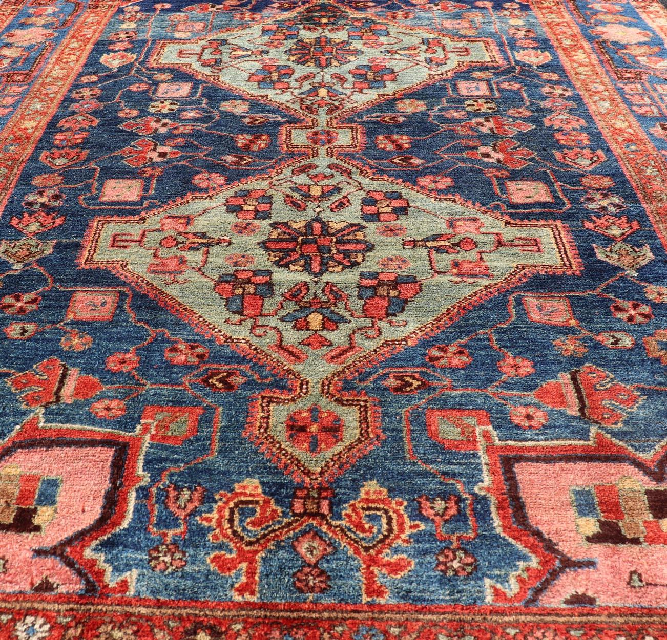 Antique Persian Karajeh Rug with Geometric Medallions in Green, Blue, and Red 1