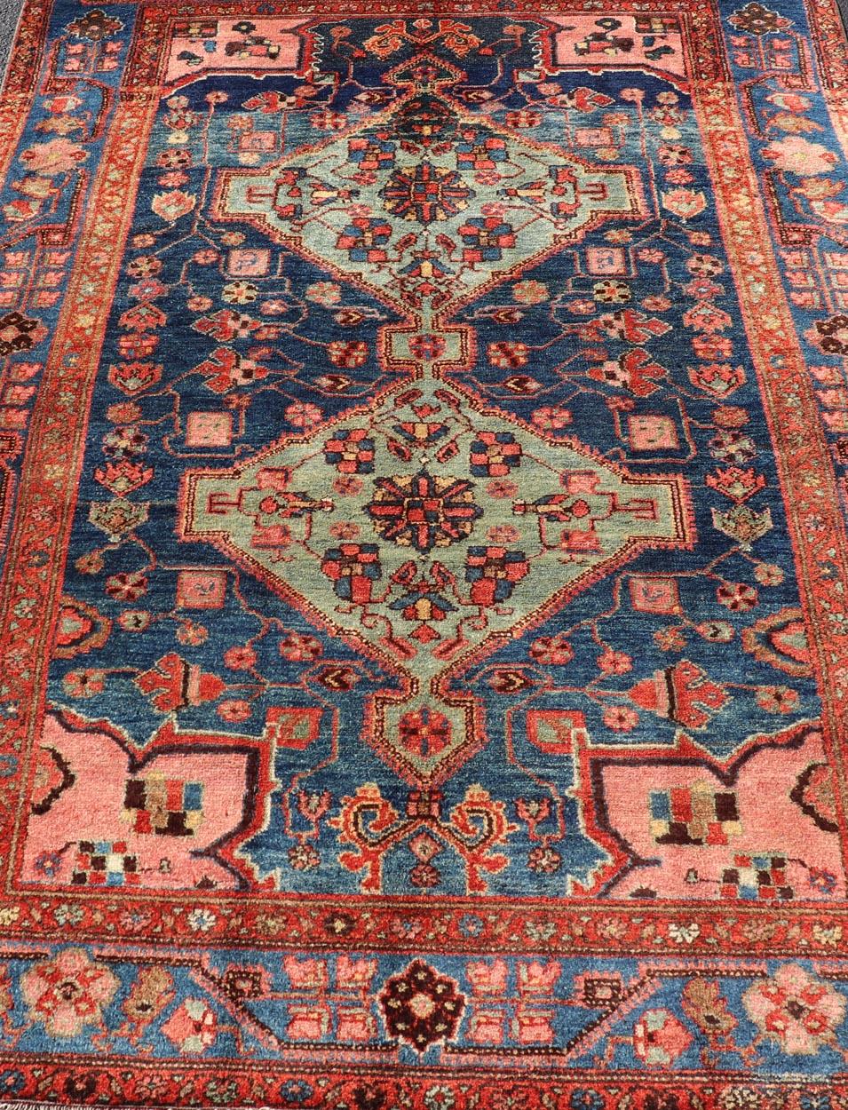Antique Persian Karajeh Rug with Geometric Medallions in Green, Blue, and Red 2