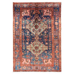Antique Persian Karajeh Rug with Geometric Medallions in Green, Blue, and Red