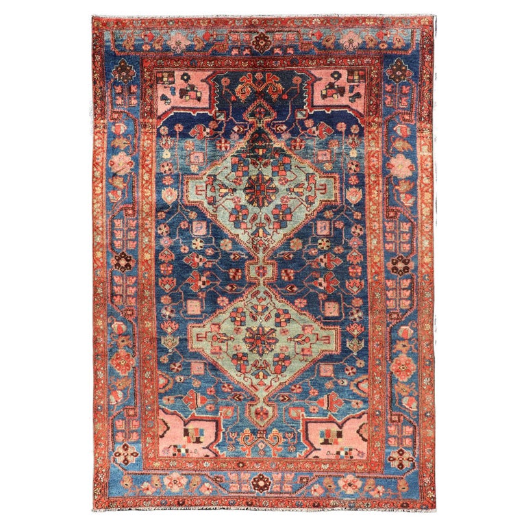 Antique Persian Karajeh Rug with Geometric Medallions in Green, Blue