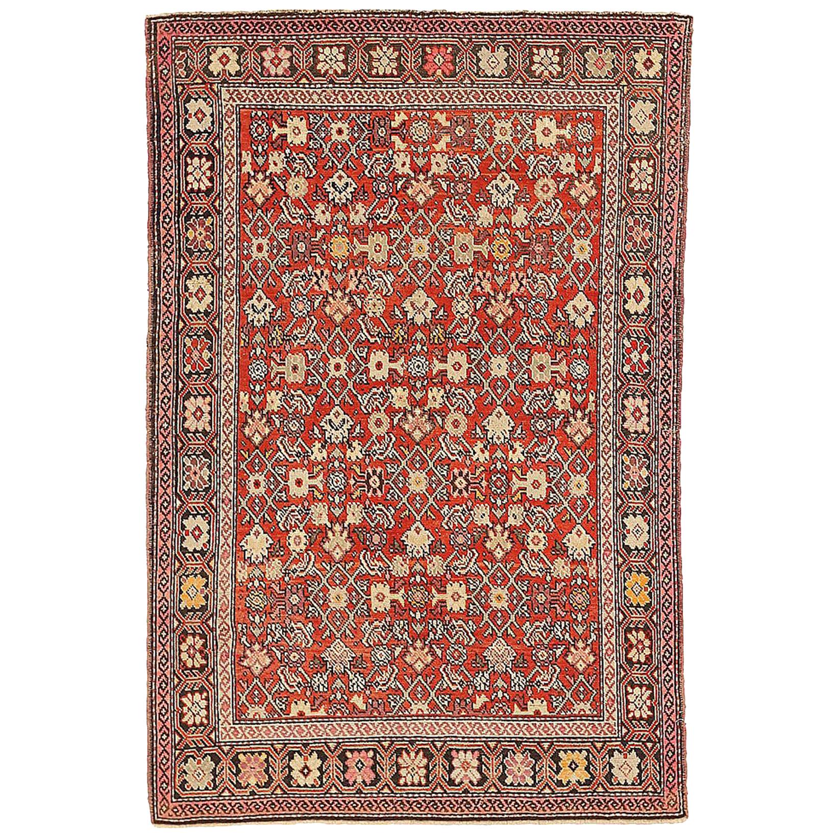 Antique Persian Karajeh Rug with Ivory and Black Floral Medallions on Red Field