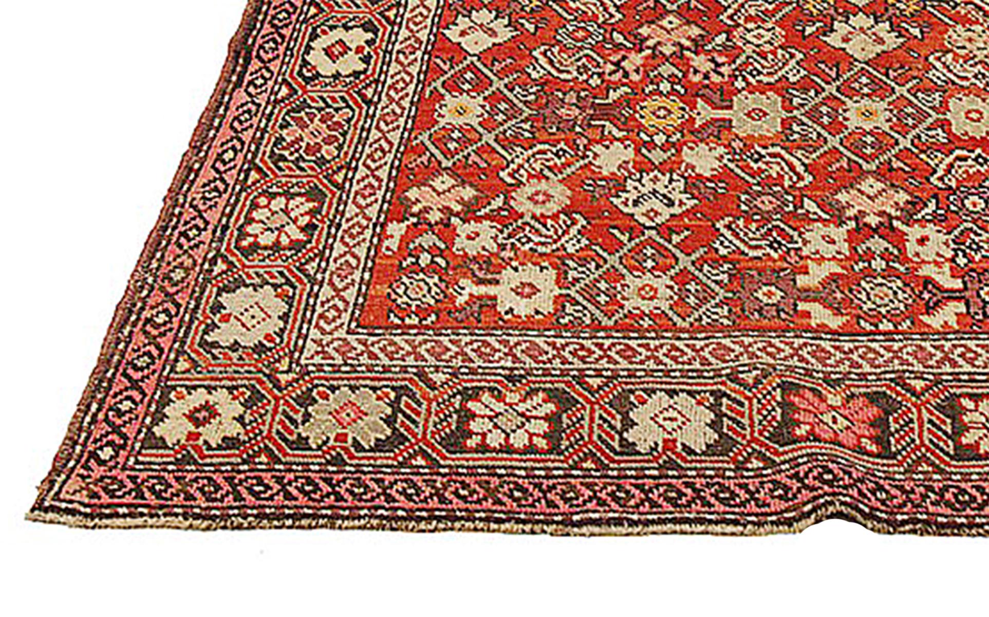 Heriz Serapi Antique Persian Karajeh Rug with Ivory and Black Floral Medallions on Red Field For Sale
