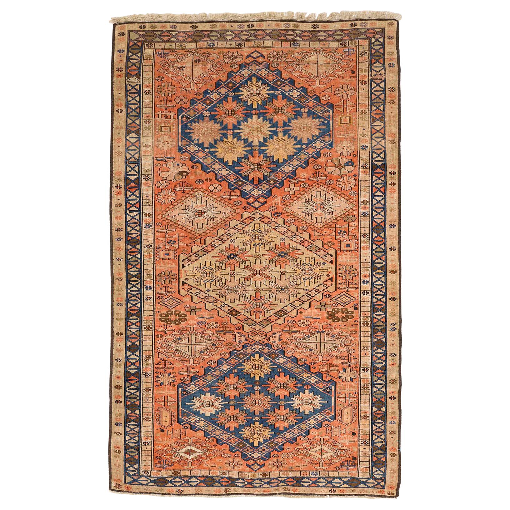 Antique Persian Karajeh Rug with Navy and Beige Floral Medallions