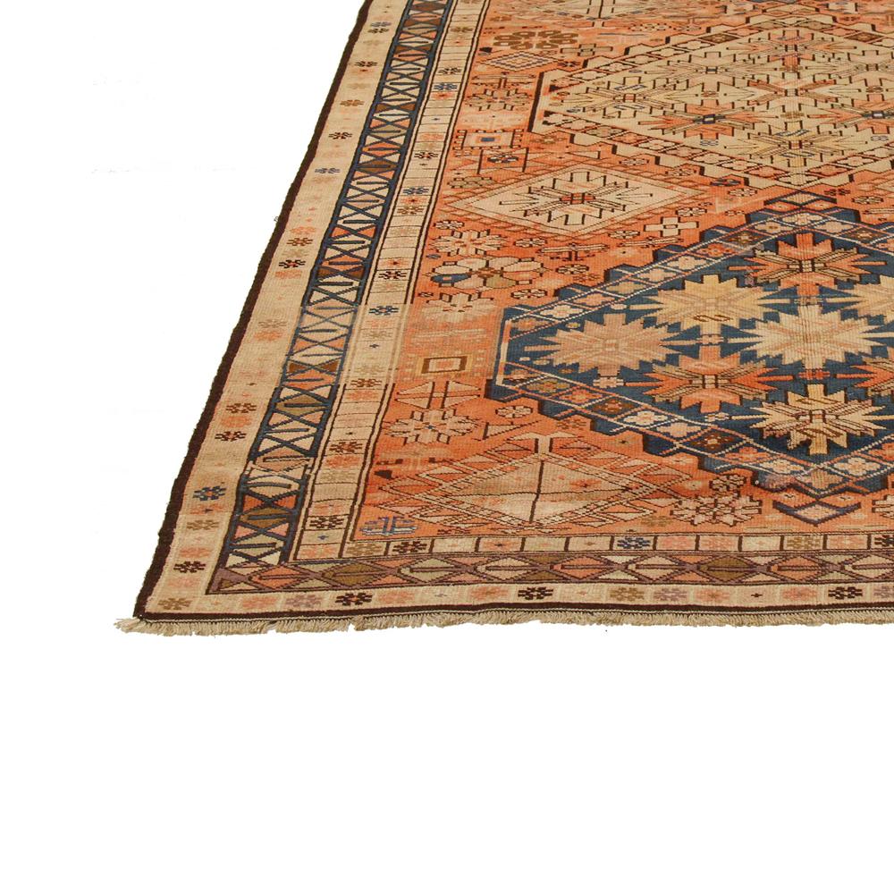 Hand-Woven Antique Persian Karajeh Rug with Navy and Beige Floral Medallions