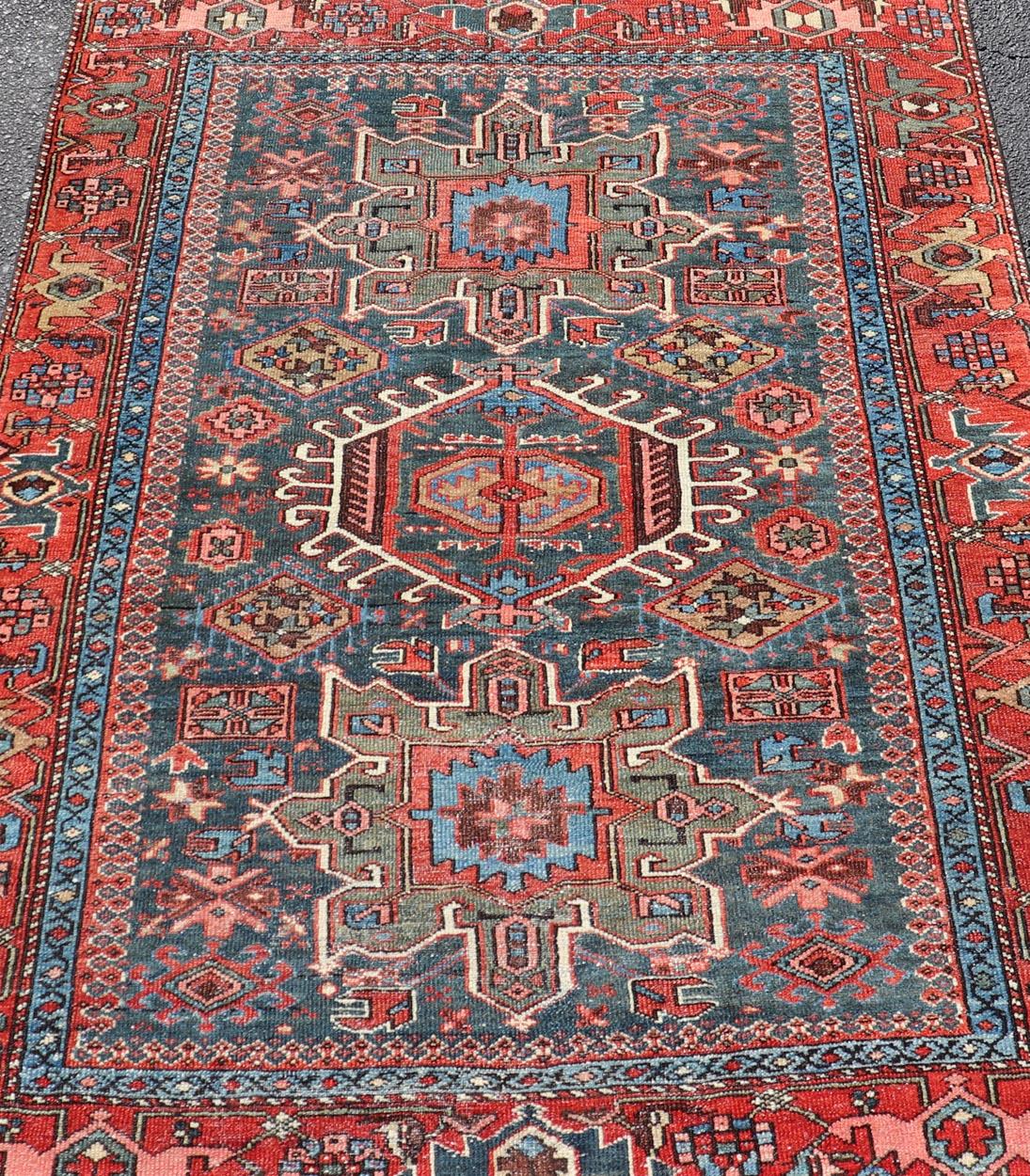 Antique Persian Karajeh Rug with Three Geometric Medallions in Red & Blue For Sale 3