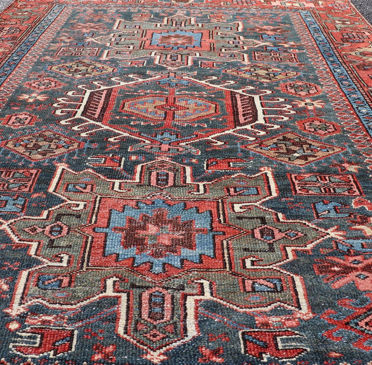 Antique Persian Karajeh Rug with Three Geometric Medallions in Red & Blue For Sale 4