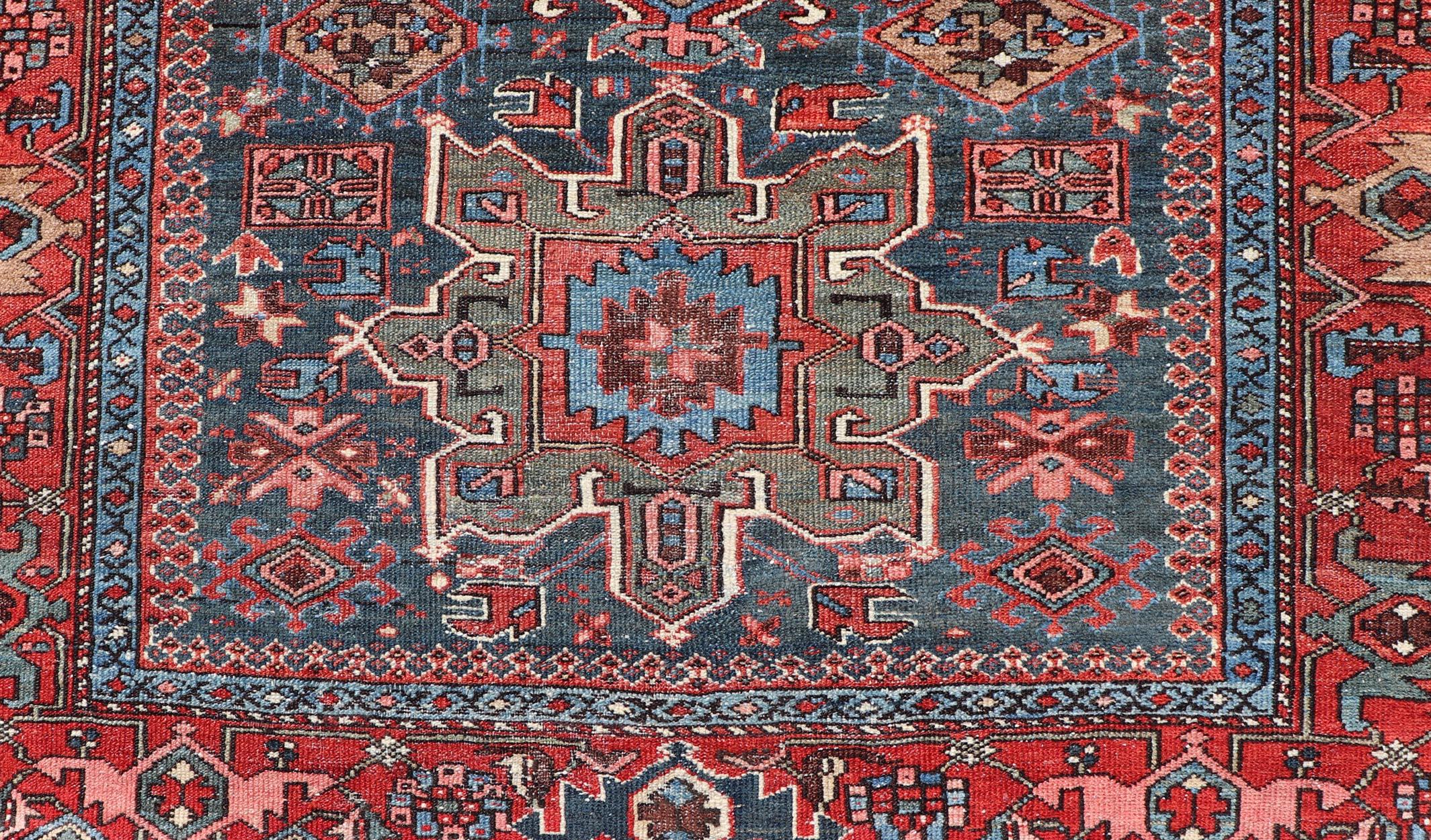 Serapi Antique Persian Karajeh Rug with Three Geometric Medallions in Red & Blue For Sale
