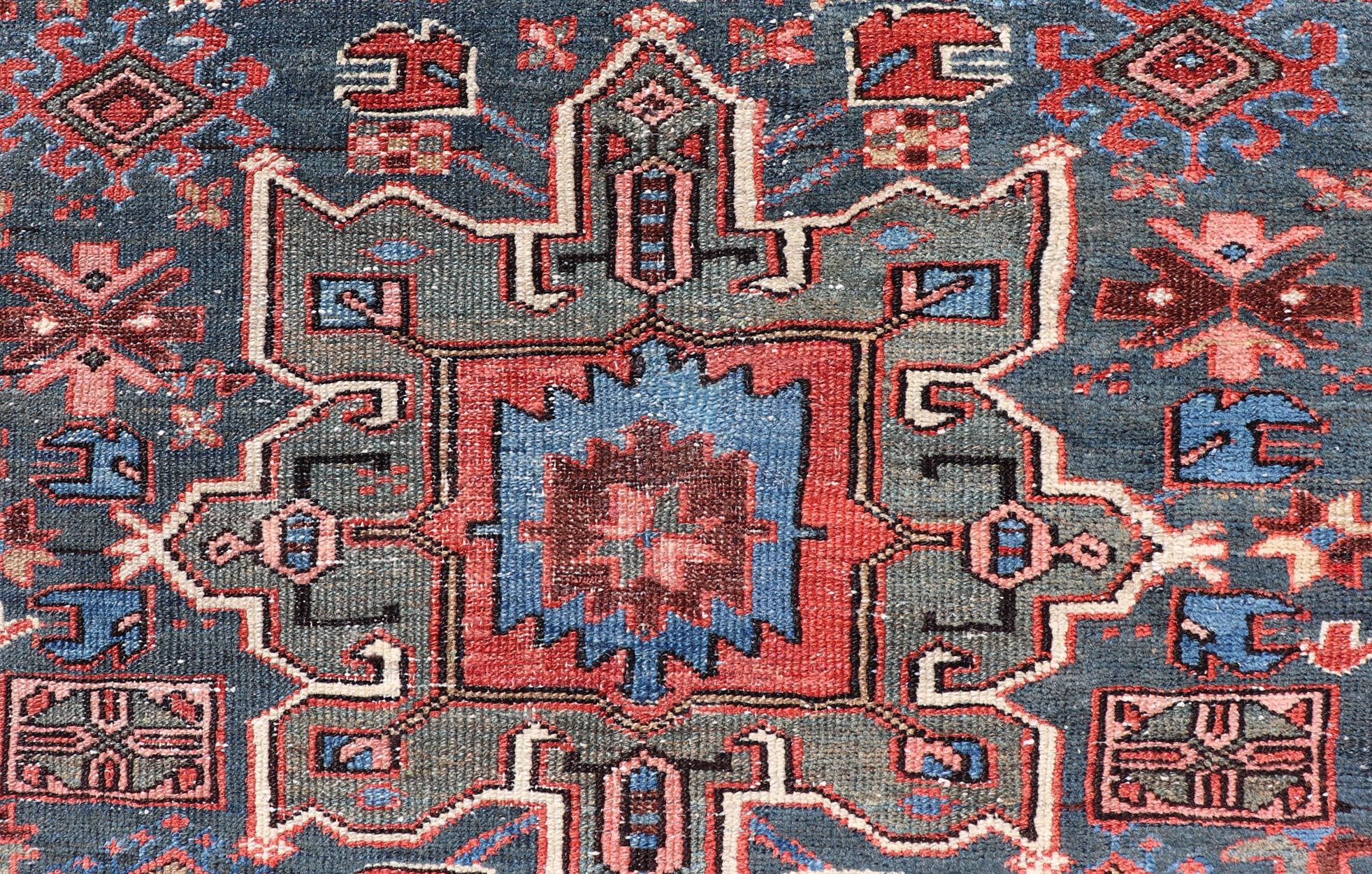 Hand-Knotted Antique Persian Karajeh Rug with Three Geometric Medallions in Red & Blue For Sale