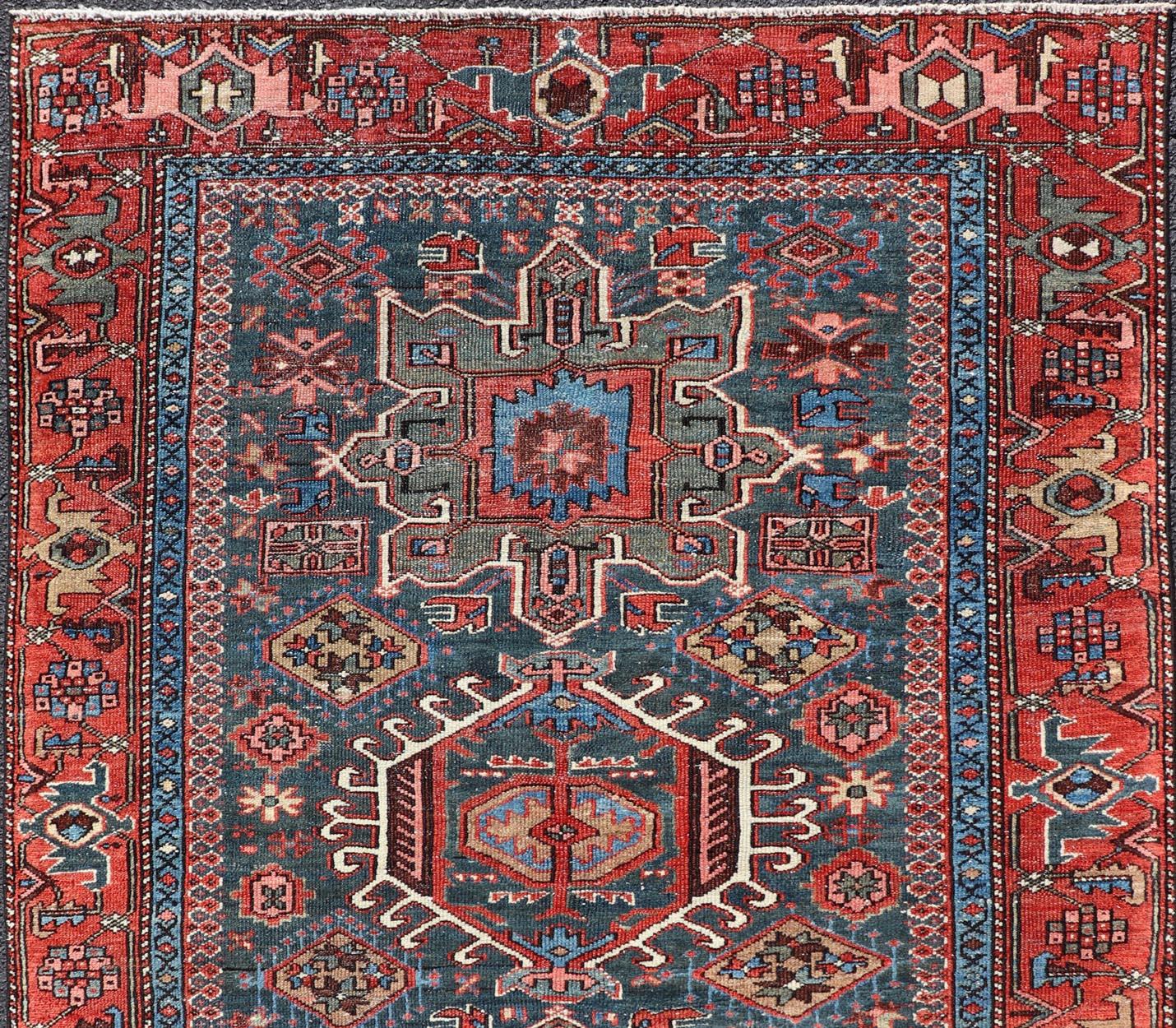 Antique Persian Karajeh Rug with Three Geometric Medallions in Red & Blue In Good Condition For Sale In Atlanta, GA