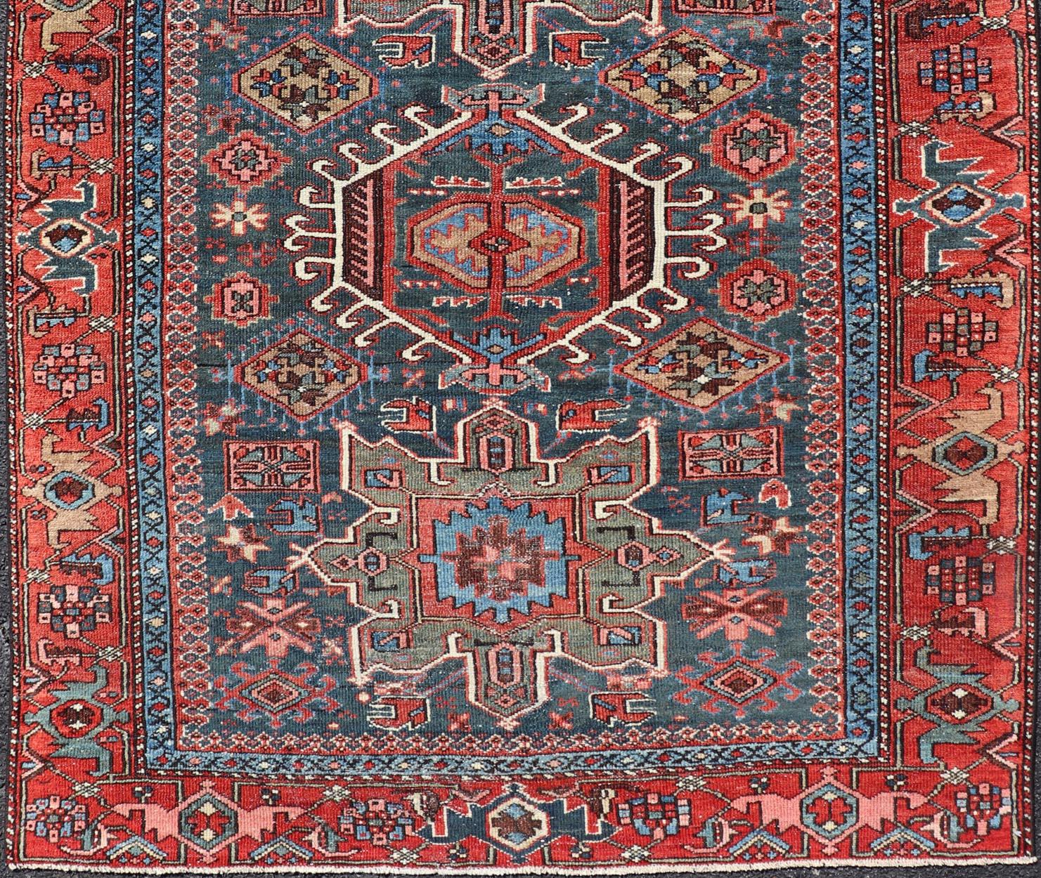 Wool Antique Persian Karajeh Rug with Three Geometric Medallions in Red & Blue For Sale
