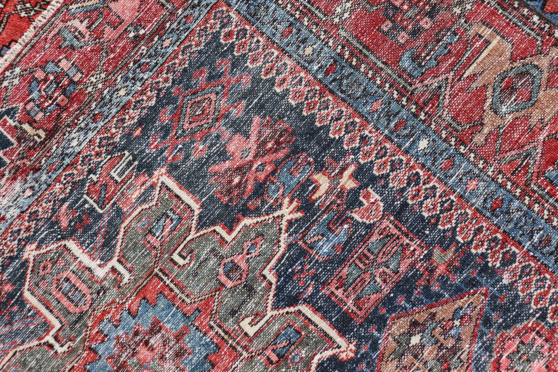 Antique Persian Karajeh Rug with Three Geometric Medallions in Red & Blue For Sale 1
