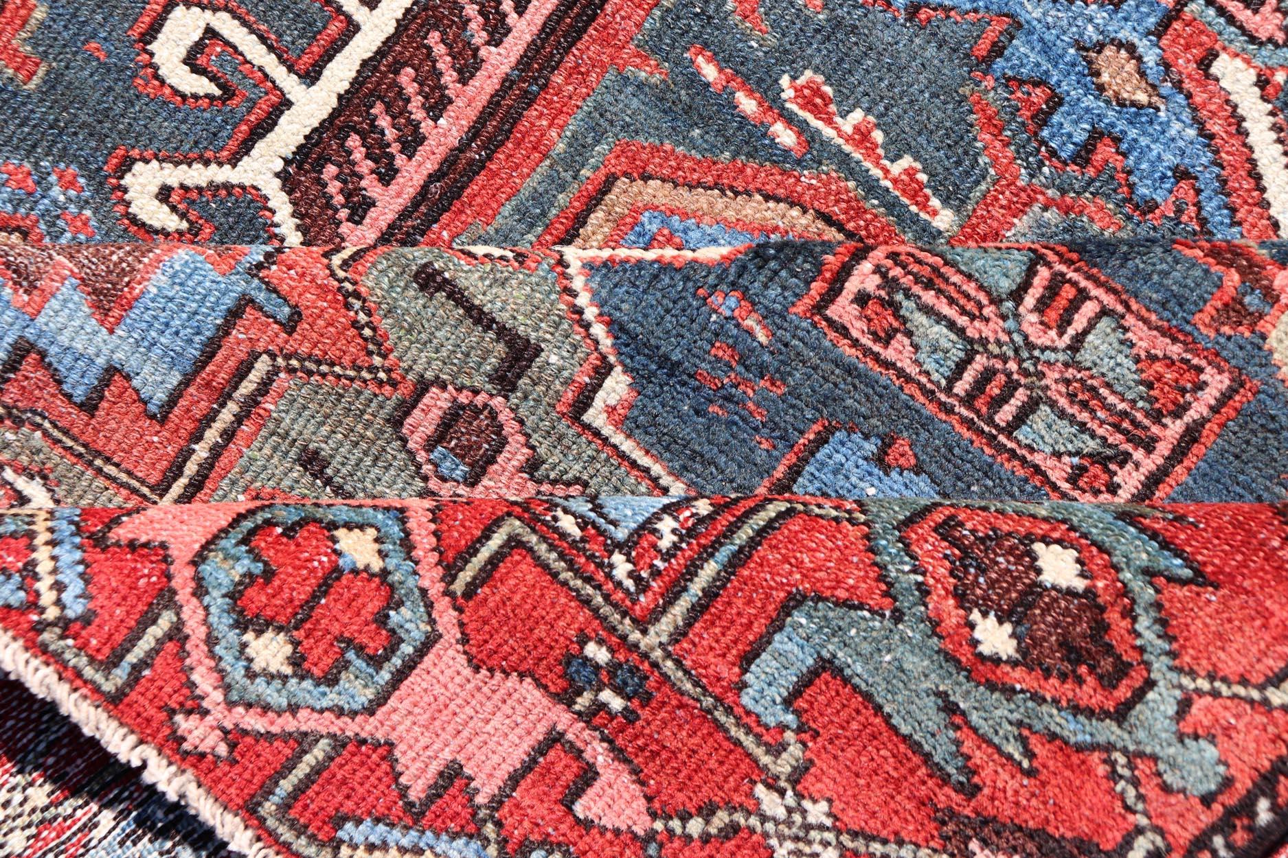 Antique Persian Karajeh Rug with Three Geometric Medallions in Red & Blue For Sale 2