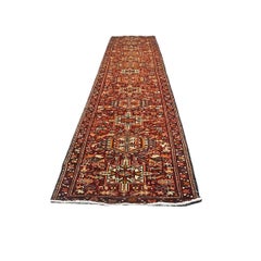 Antique Persian Karajeh Wool 3x15 Red, Navy & Ivory Handmade Runner Rug