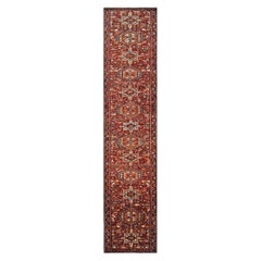 Antique Persian Karajeh Wool 3x15 Red, Navy & Ivory Handmade Runner Rug